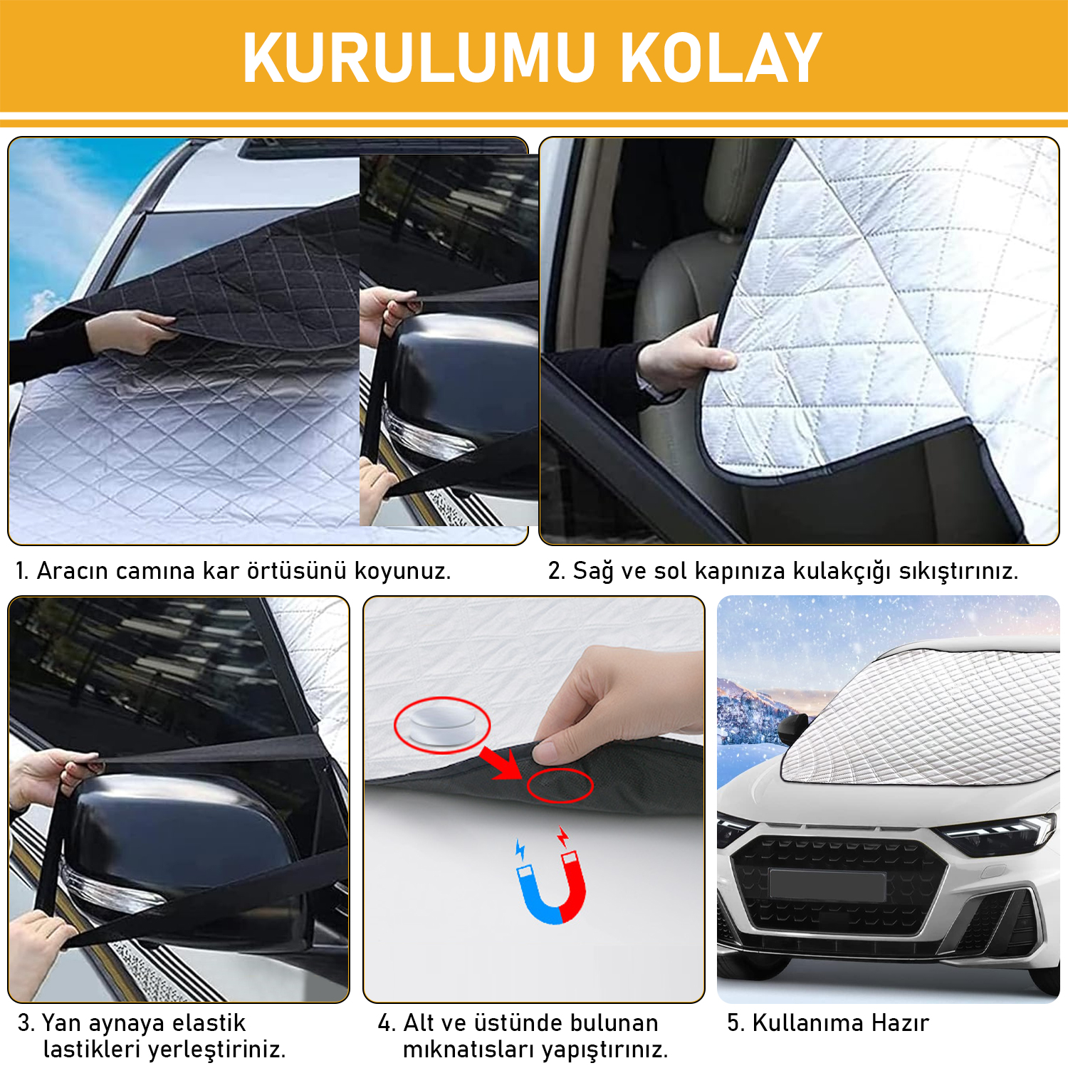 Haegs Araba Ön Cam Koruma Örtüsü Termal Araç Güneşlik Oto Buzlanma Önleyici Cam Kar Örtüsü Kalın Ağır Hizmet Tipi PEVA Oto Kar Örtüsü Otomobil SUV Hatchback Ön Cam Koruması Araba Brandası - 155-125 cm -Gri 5