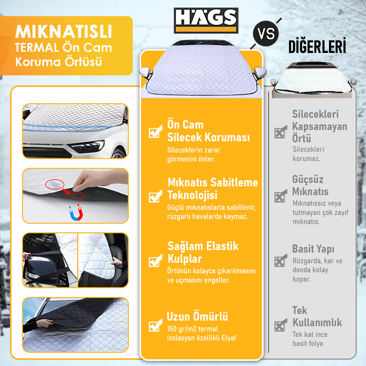 Haegs Araba Ön Cam Koruma Örtüsü Termal Araç Güneşlik Oto Buzlanma Önleyici Cam Kar Örtüsü Kalın Ağır Hizmet Tipi PEVA Oto Kar Örtüsü Otomobil SUV Hatchback Ön Cam Koruması Araba Brandası - 155-125 cm -Gri 6