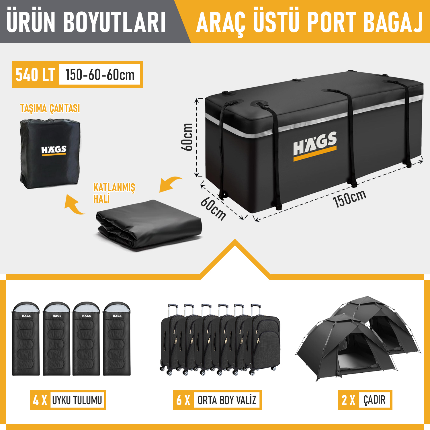 Haegs Araç Üstü Bagaj Çantası Pickup Bagaj içi Çantası Ağır Hizmet Tipi Su Geçirmez Tüm Araç Tavanları için Üst Rafı Çıtası Olan veya Olmayan 540L 150 x 60 x 60cm Siyah - Gri 2
