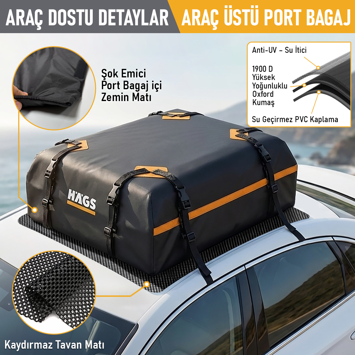 Haegs Araç Üstü Bagaj Çantası Pickup Bagaj içi Çantası Ağır Hizmet Tipi Su Geçirmez Tüm Araç Tavanları için Üst Rafı Çıtası Olan veya Olmayan 540L 150 x 60 x 60cm Siyah - Gri 9