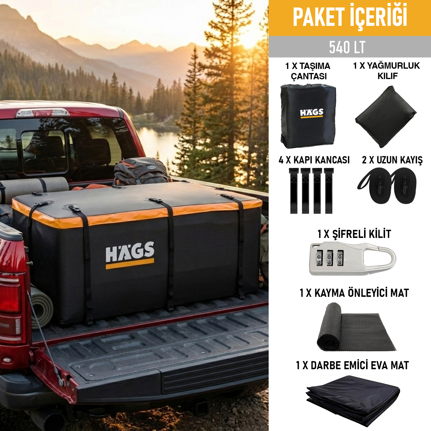Haegs Araç Üstü Bagaj Çantası Pickup Bagaj içi Çantası Ağır Hizmet Tipi Su Geçirmez Tüm Araç Tavanları için Üst Rafı Çıtası Olan veya Olmayan 540L 150 x 60 x 60cm Siyah - Turuncu 3