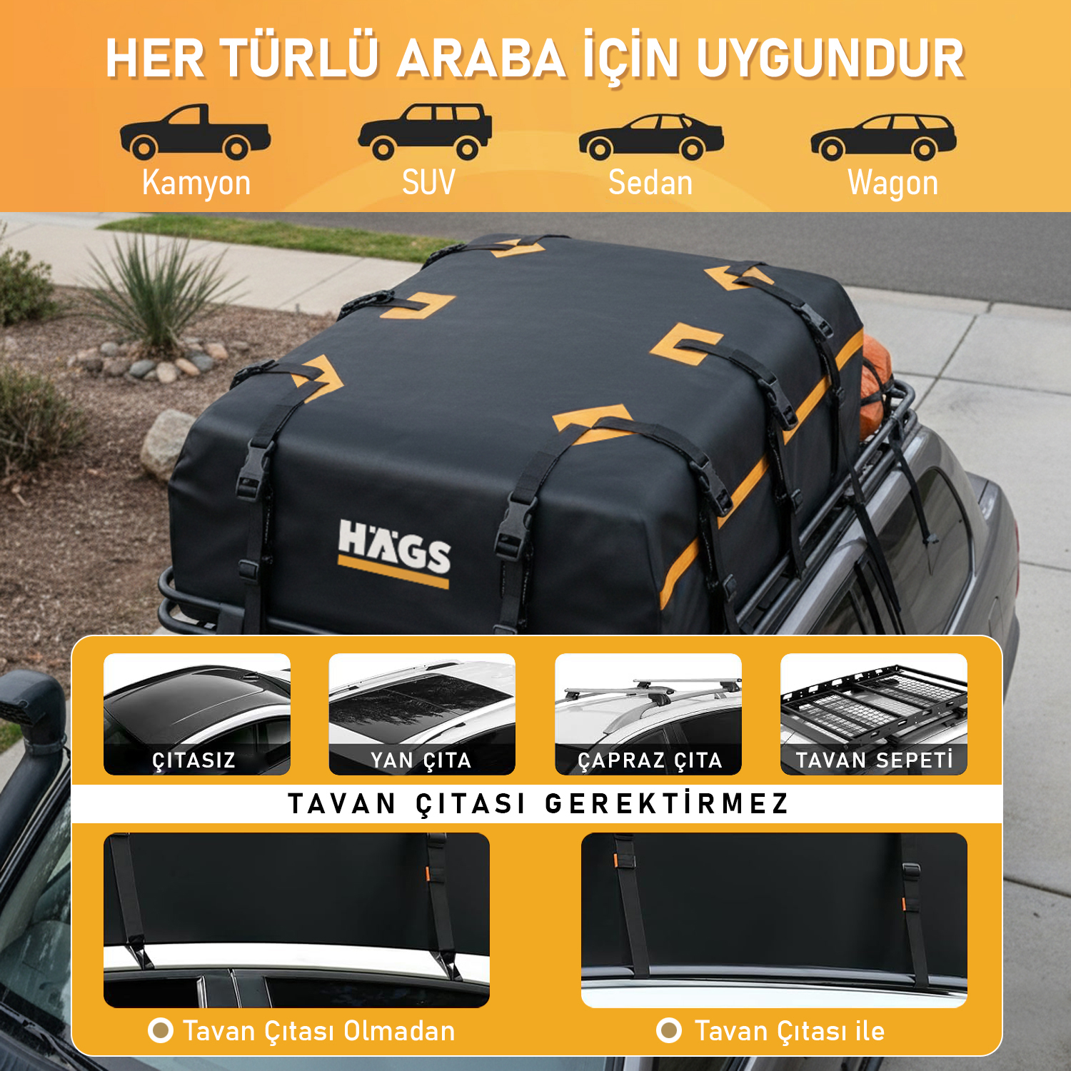 Haegs Araç Üstü Bagaj Çantası Pickup Bagaj içi Çantası Ağır Hizmet Tipi Su Geçirmez Tüm Araç Tavanları için Üst Rafı Çıtası Olan veya Olmayan 540L 150 x 60 x 60cm Siyah - Turuncu 4