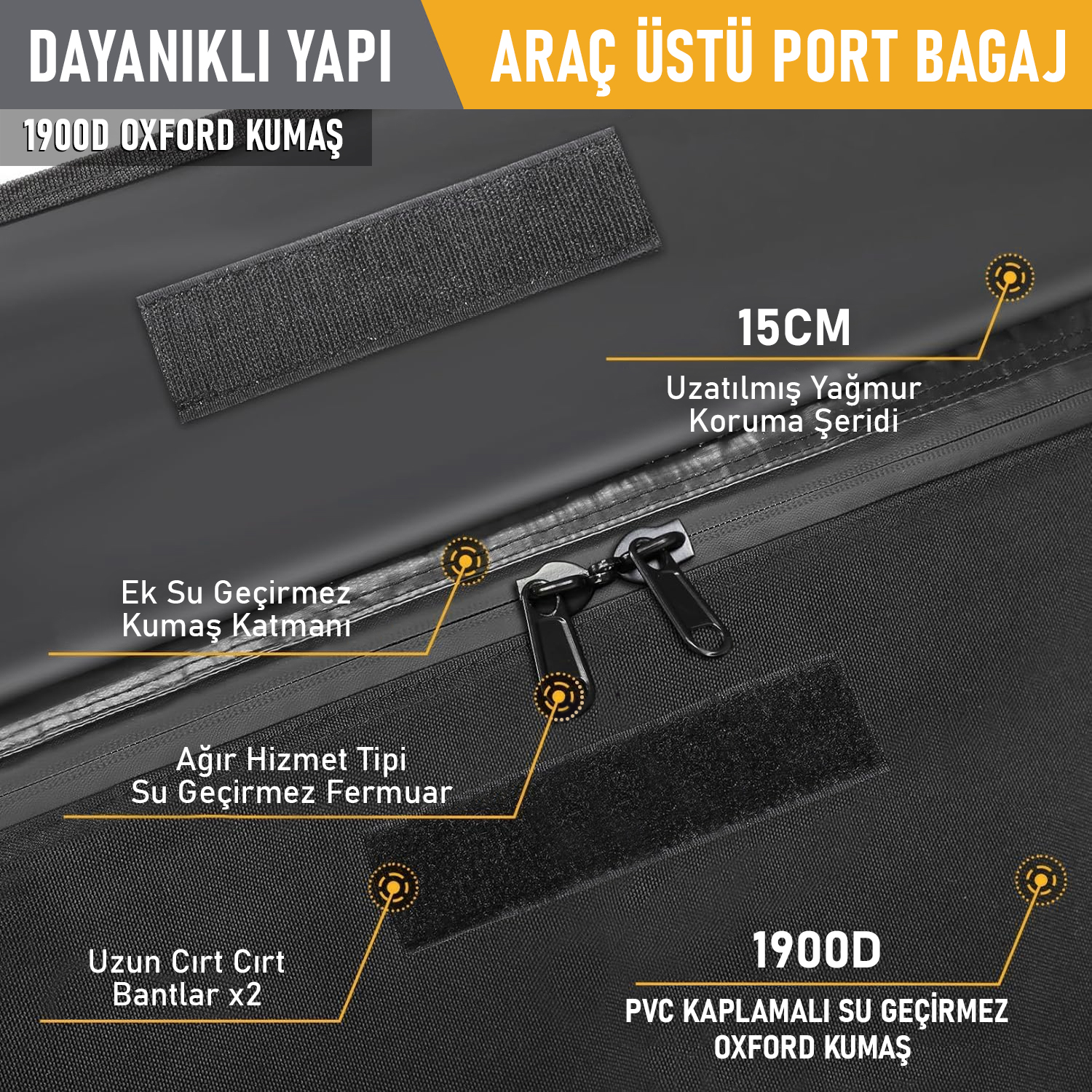 Haegs Araç Üstü Bagaj Çantası Pickup Bagaj içi Çantası Ağır Hizmet Tipi Su Geçirmez Tüm Araç Tavanları için Üst Rafı Çıtası Olan veya Olmayan 540L 150 x 60 x 60cm Siyah - Turuncu 8