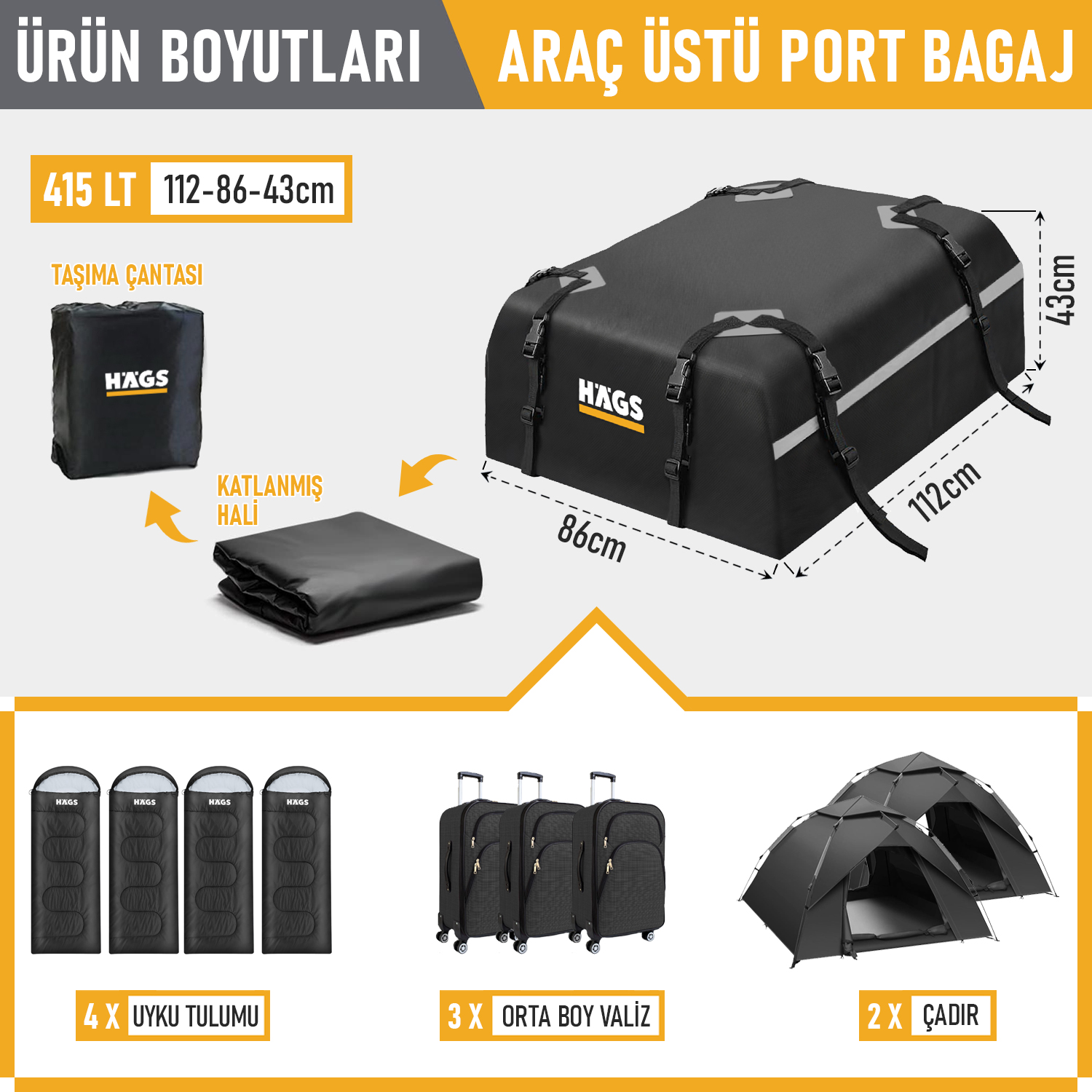 Haegs Araç Üstü Bagaj Çantası Port Bagaj Araç Üstü Tavan Çantası Ağır Hizmet Tipi Su Geçirmez Tüm Araç Tavanları için Üst Rafı Çıtası Olan veya Olmayan 415L 112 x 86 x 43cm Siyah - Gri 2