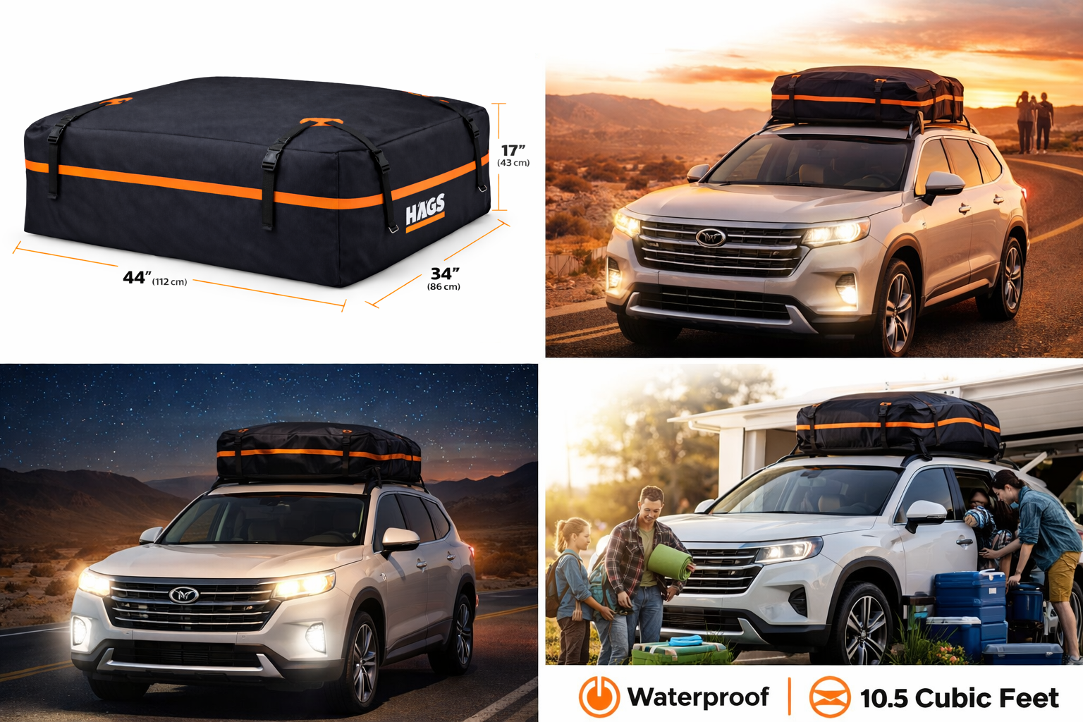 Haegs Araç Üstü Bagaj Çantası Port Bagaj Araç Üstü Tavan Çantası Ağır Hizmet Tipi Su Geçirmez Tüm Araç Tavanları için Üst Rafı Çıtası Olan veya Olmayan 415L 112 x 86 x 43cm Siyah - Turuncu 5