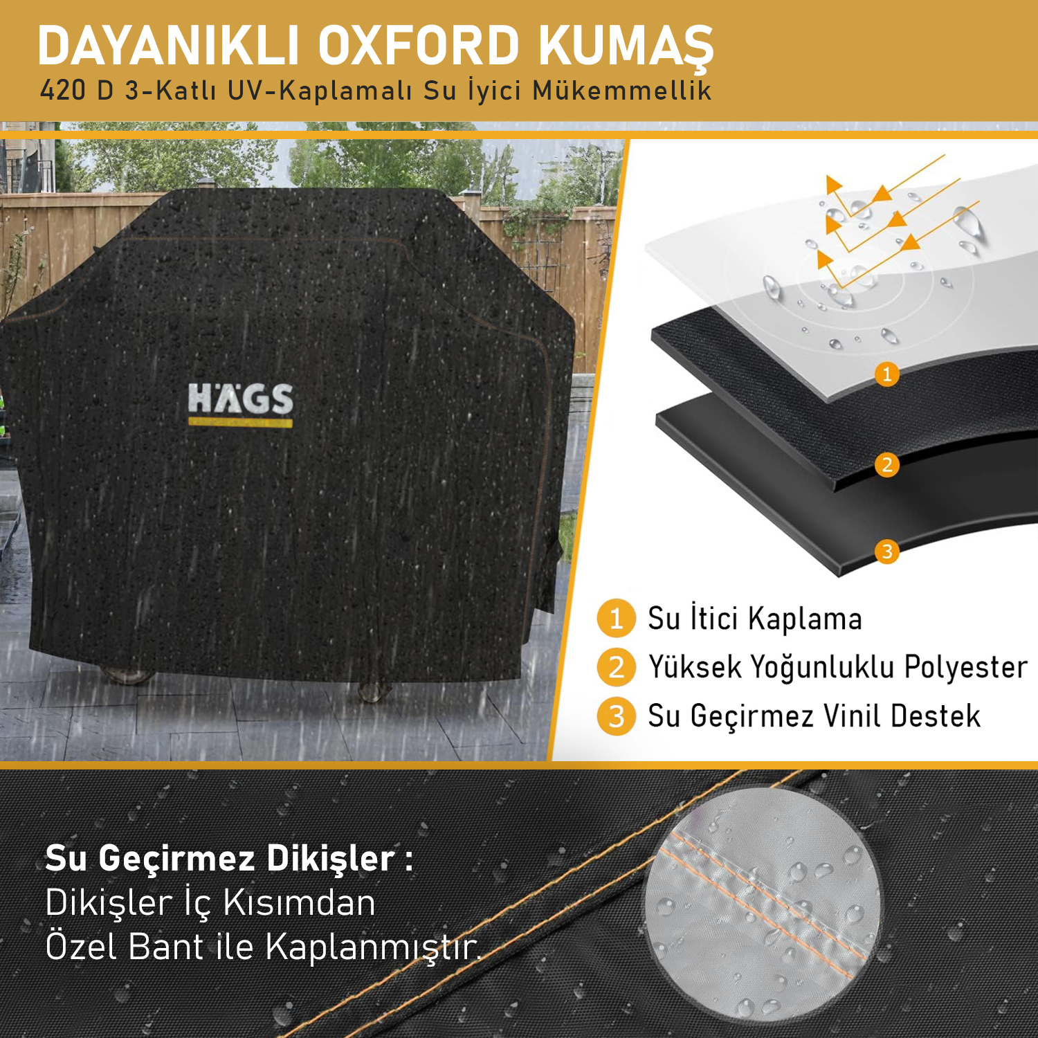 Haegs BBQ Mangal Örtüsü Gazlı Kömürlü Grill Koruma Brandası Su geçirmez Outdoor Dış Mekan Barbekü Mangal Kılıfı - 147-61-122 cm 3