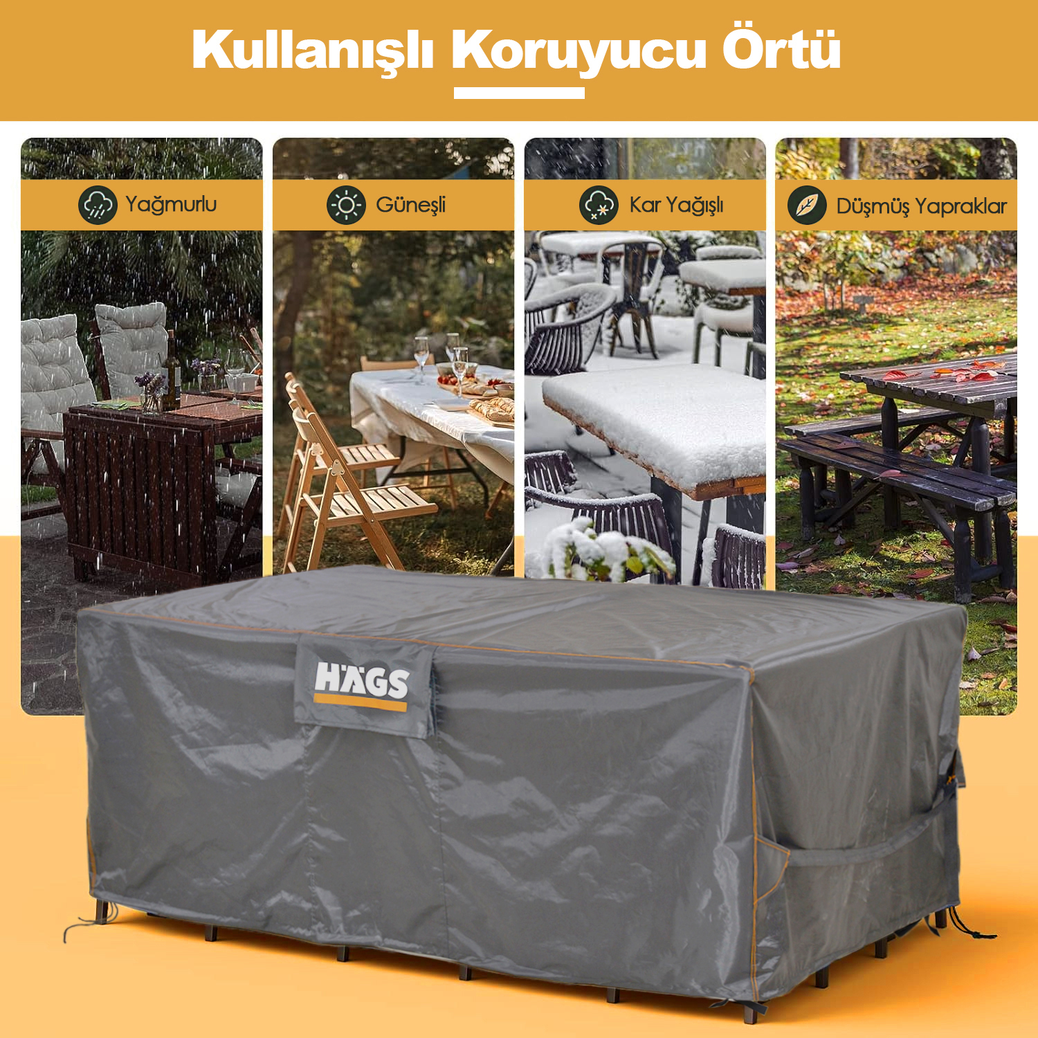 Haegs Bahçe Mobilyası Örtüsü 150-150-74cm Ağır Hizmet Oxford Kumaş Su Geçirmez Dış Mekan Veranda Masa Örtüsü Havalandırmalı Masa ve Sandalye Koruma Kılıfı - Gri 2