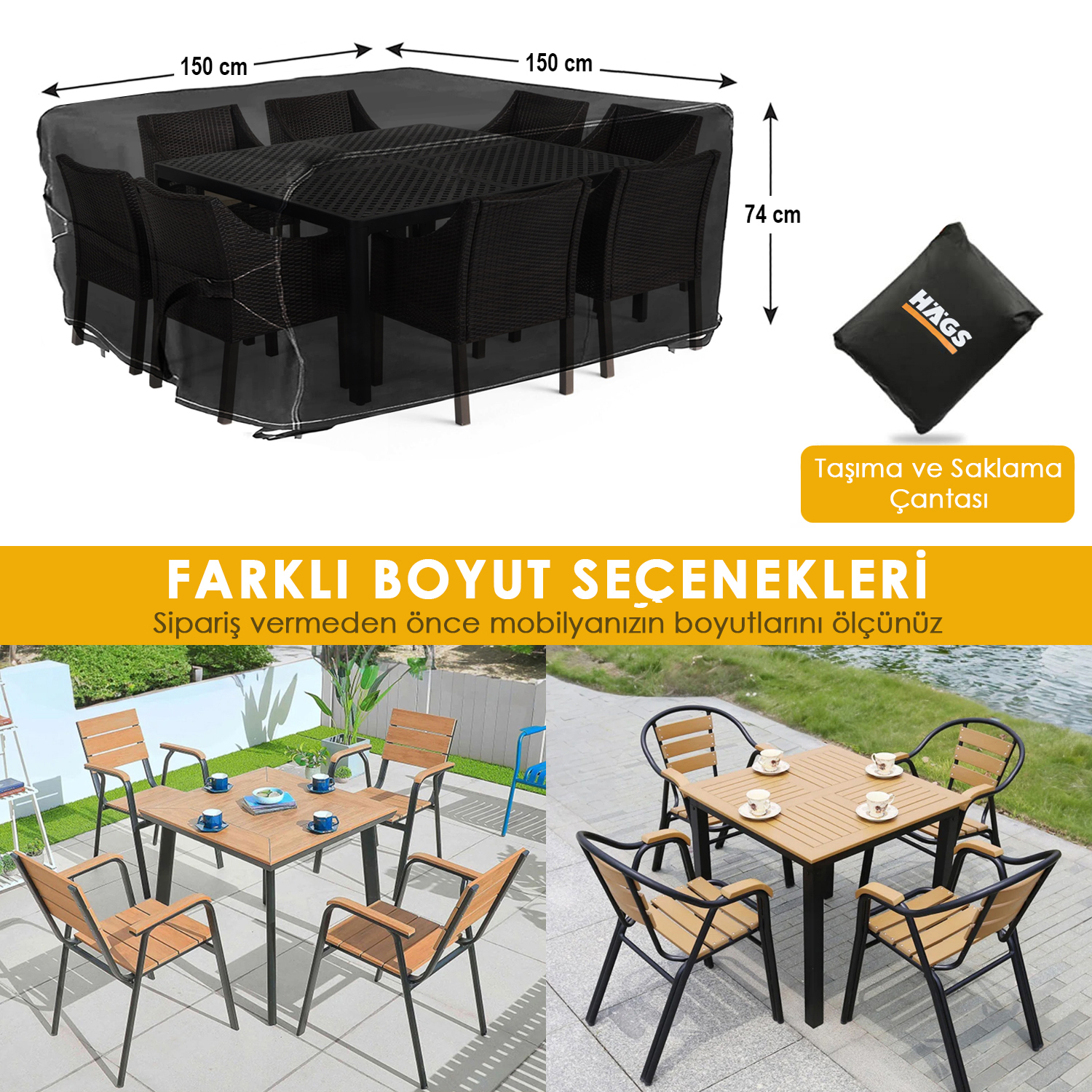 Haegs Bahçe Mobilyası Örtüsü 150-150-74cm Ağır Hizmet Oxford Kumaş Su Geçirmez Dış Mekan Veranda Masa Örtüsü Havalandırmalı Masa ve Sandalye Koruma Kılıfı - Gri 5