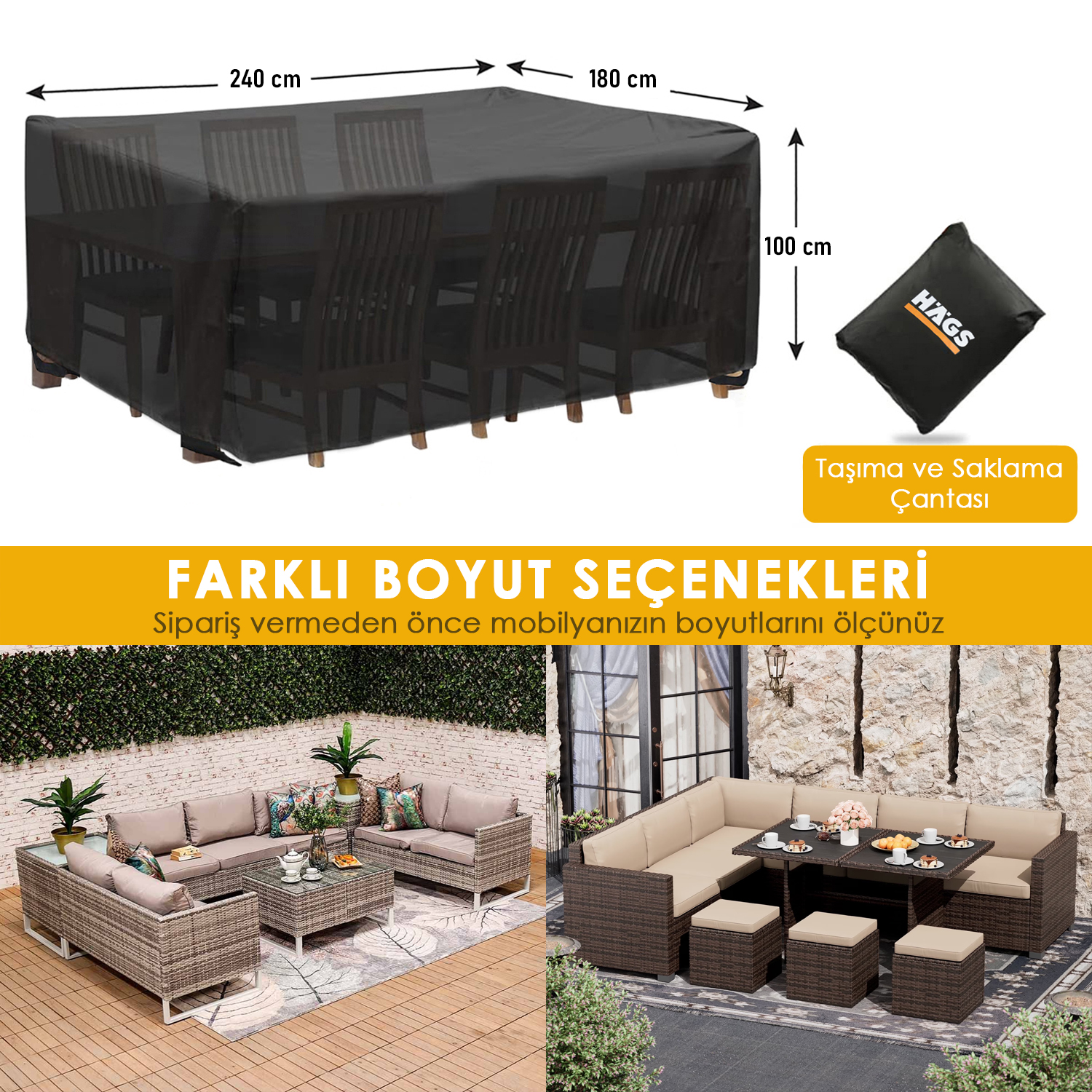Haegs Bahçe Mobilyası Örtüsü 240-180-100cm Ağır Hizmet Oxford Kumaş Su Geçirmez Dış Mekan Veranda Masa Örtüsü Havalandırmalı Masa ve Sandalye Koruma Kılıfı Siyah 2
