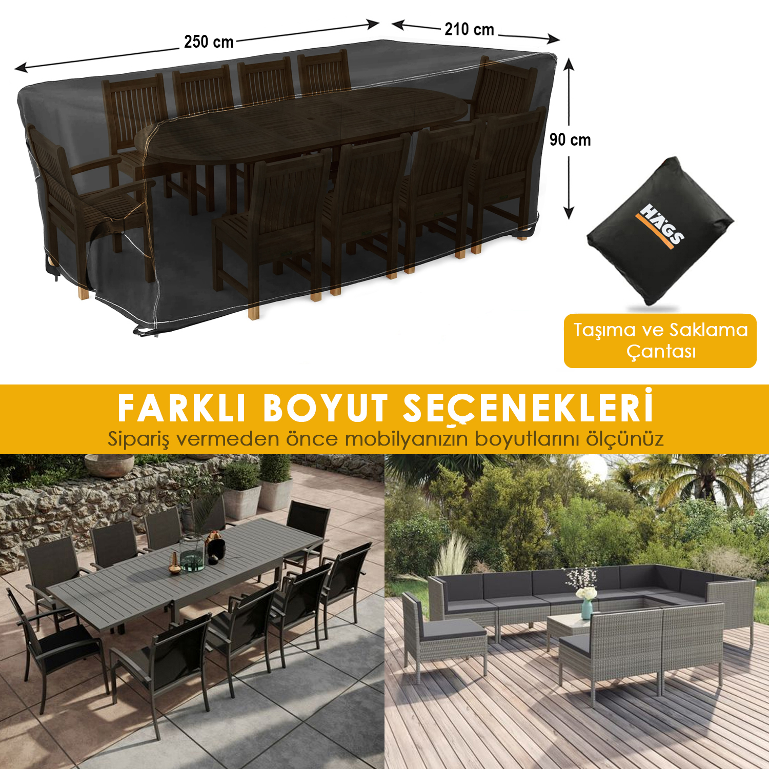 Haegs Bahçe Mobilyası Örtüsü 250-210-90cm Ağır Hizmet Oxford Kumaş Su Geçirmez Dış Mekan Veranda Masa Örtüsü Havalandırmalı Masa ve Sandalye Koruma Kılıfı Gri 5