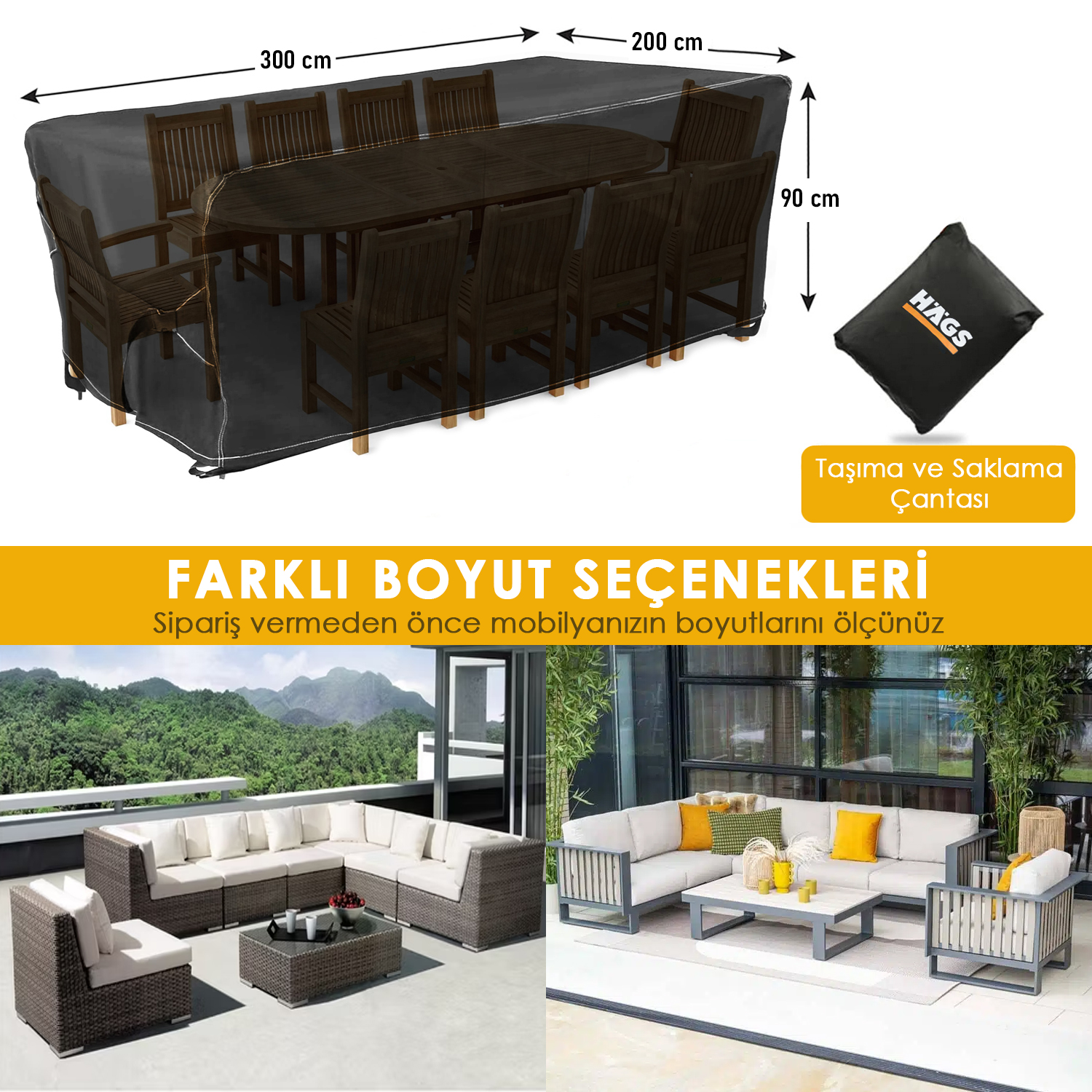 Haegs Bahçe Mobilyası Örtüsü 300-200-90cm Ağır Hizmet Oxford Kumaş Su Geçirmez Dış Mekan Veranda Masa Örtüsü Havalandırmalı Masa ve Sandalye Koruma Kılıfı Gri 2