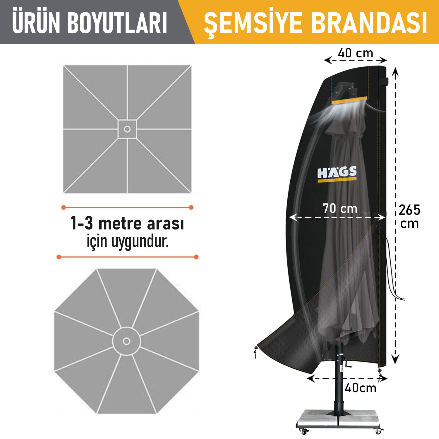 Haegs Bahçe Şemsiye Kılıfı Veranda Parasol Konsol Şemsiyesi Brandası Koruma Örtüsü Su Geçirmez Hava Koşullarına Dayanıklı Bahçe Gölgelik Güneşlik Örtüsü 265-40 70 40 cm Siyah 2
