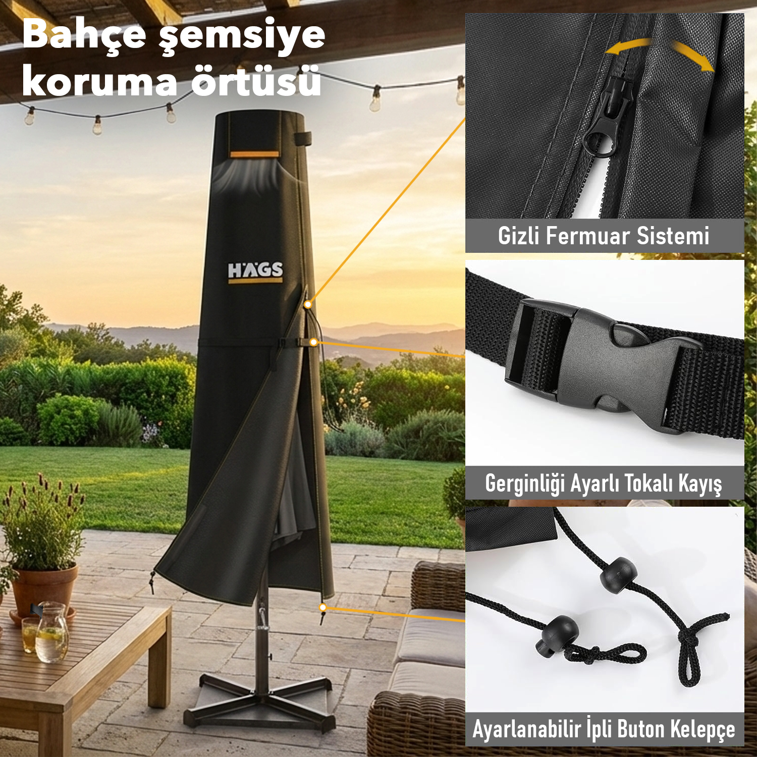 Haegs Bahçe Şemsiye Kılıfı Veranda Parasol Konsol Şemsiyesi Brandası Koruma Örtüsü Su Geçirmez Hava Koşullarına Dayanıklı Bahçe Gölgelik Güneşlik Örtüsü 210-45 72 32 cm Siyah 7