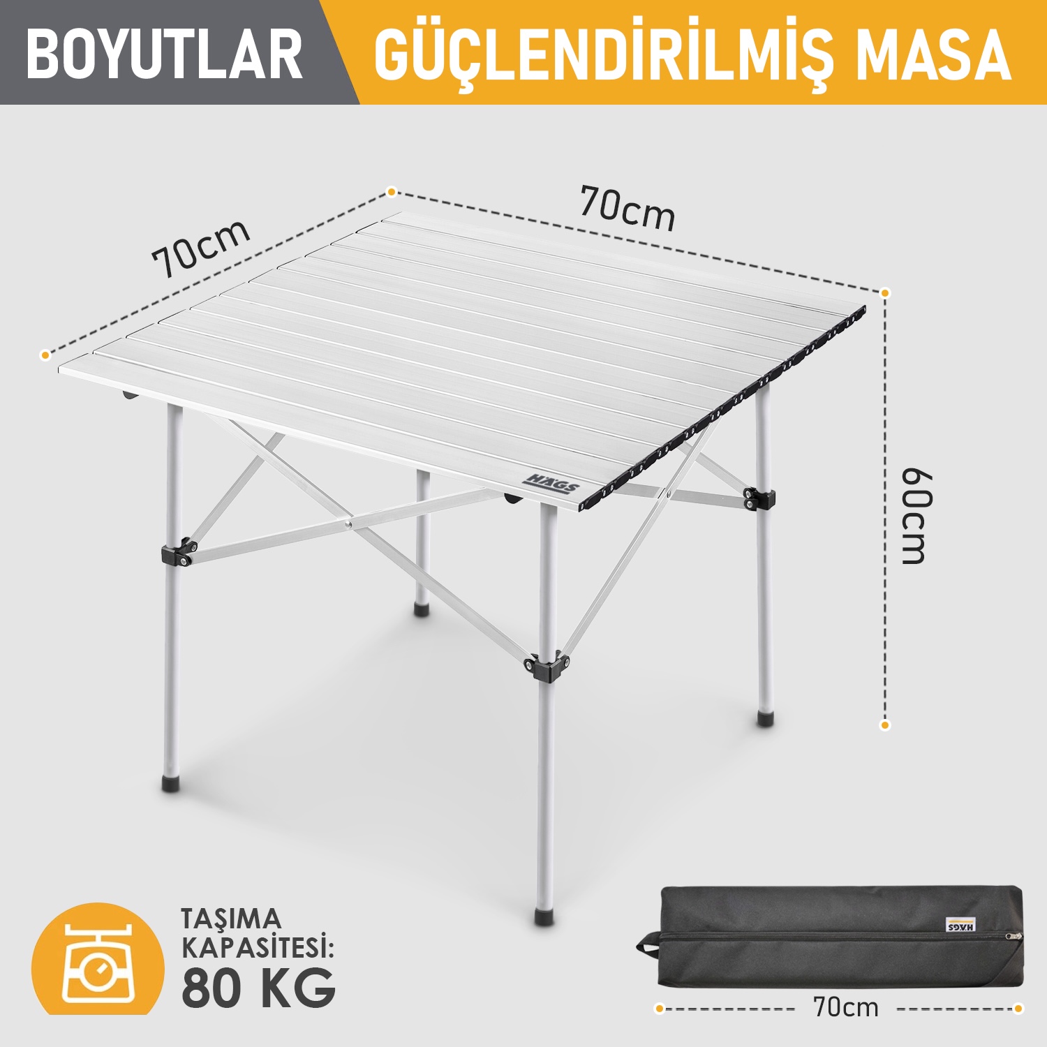 Haegs Güçlendirilmiş Alüminyum Katlanır Kamp Masası Katlanabilir Outdoor Masa Piknik Masası Menteşeli Sistem Dayanıklı Sağlam Gövdeli Kamp Masası Taşınabilir Hafif 3-4 Kişilik 70x70x60cm Gümüş 2