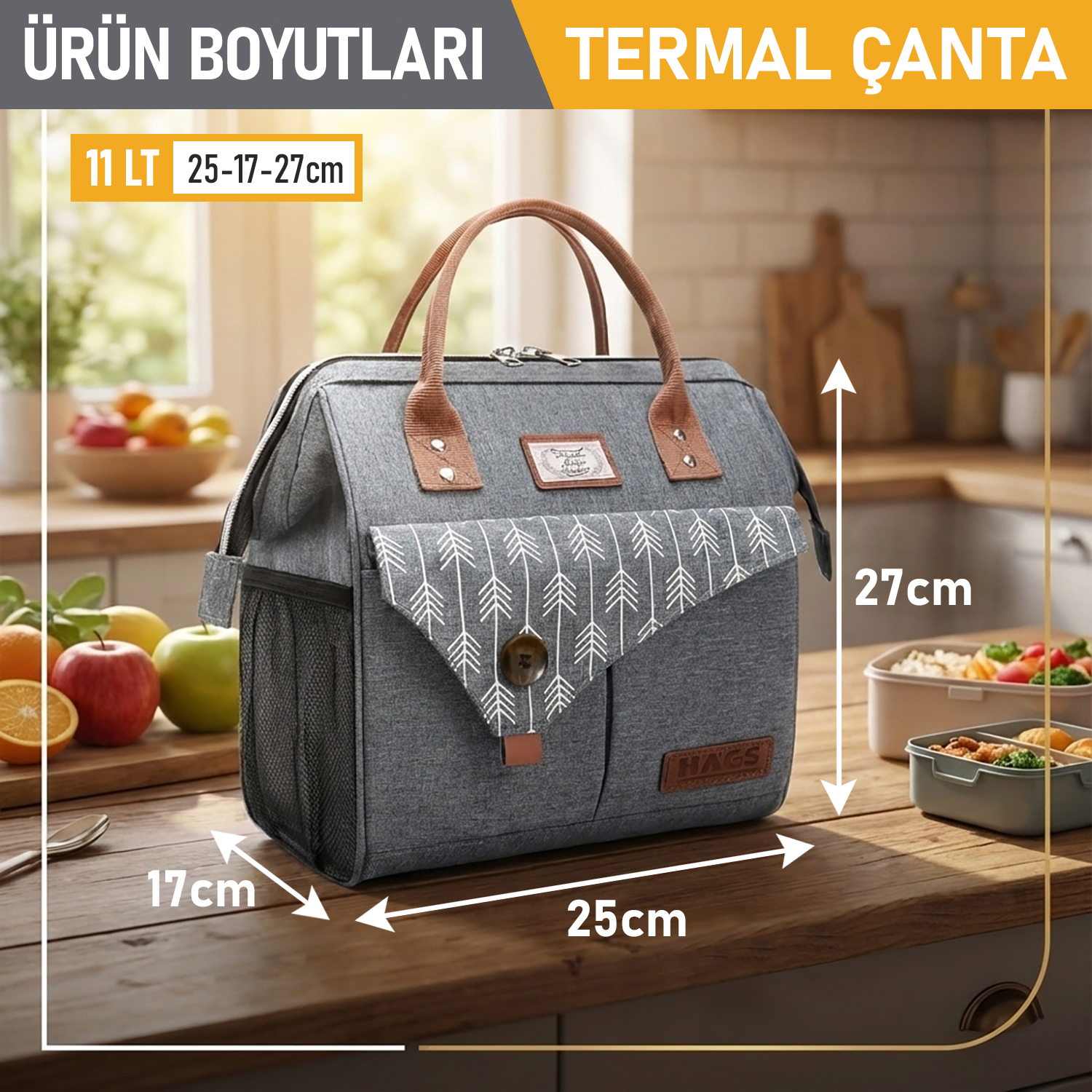 Haegs Kadın Termal Çanta Yalıtımlı Yemek Taşıma Bayan Beslenme Çantası Sızdırmaz Beslenme Kutusu Yetişkinler ve Çalışanlar İçin 11L Gri 3