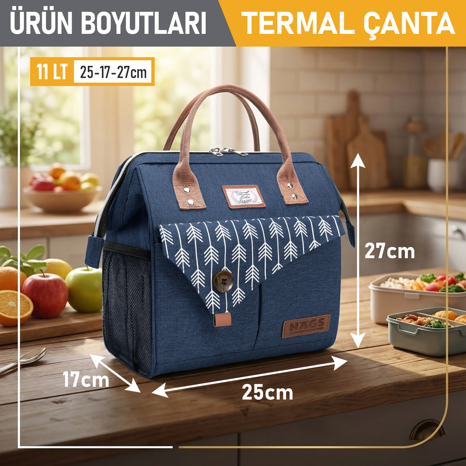 Haegs Kadın Termal Çanta Yalıtımlı Yemek Taşıma Bayan Yemek Kutusu Kamp Piknik Ofis İçin 11L Lacivert 3