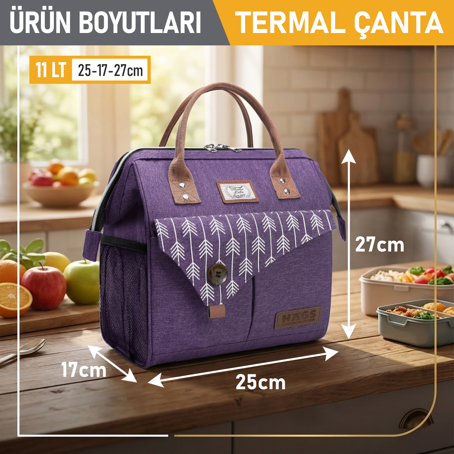 Haegs Kadın Termal Çanta Yalıtımlı Yemek Taşıma Bayan Yemek Kutusu Kamp Piknik Ofis İçin 11L Lila 3