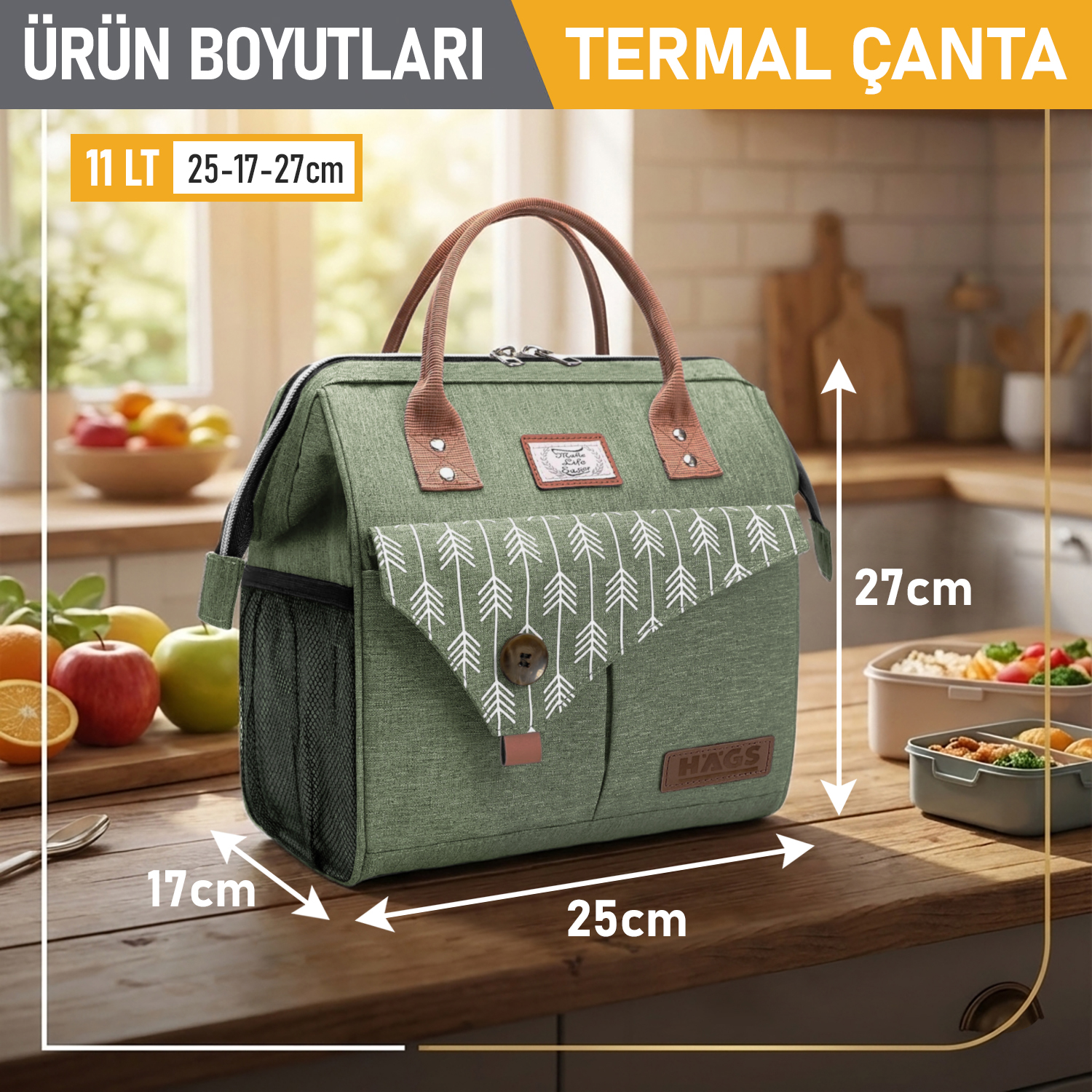 Haegs Kadın Termal Çanta Yalıtımlı Yemek Taşıma Bayan Yemek Kutusu Kamp Piknik Ofis İçin 11L Yeşil 3