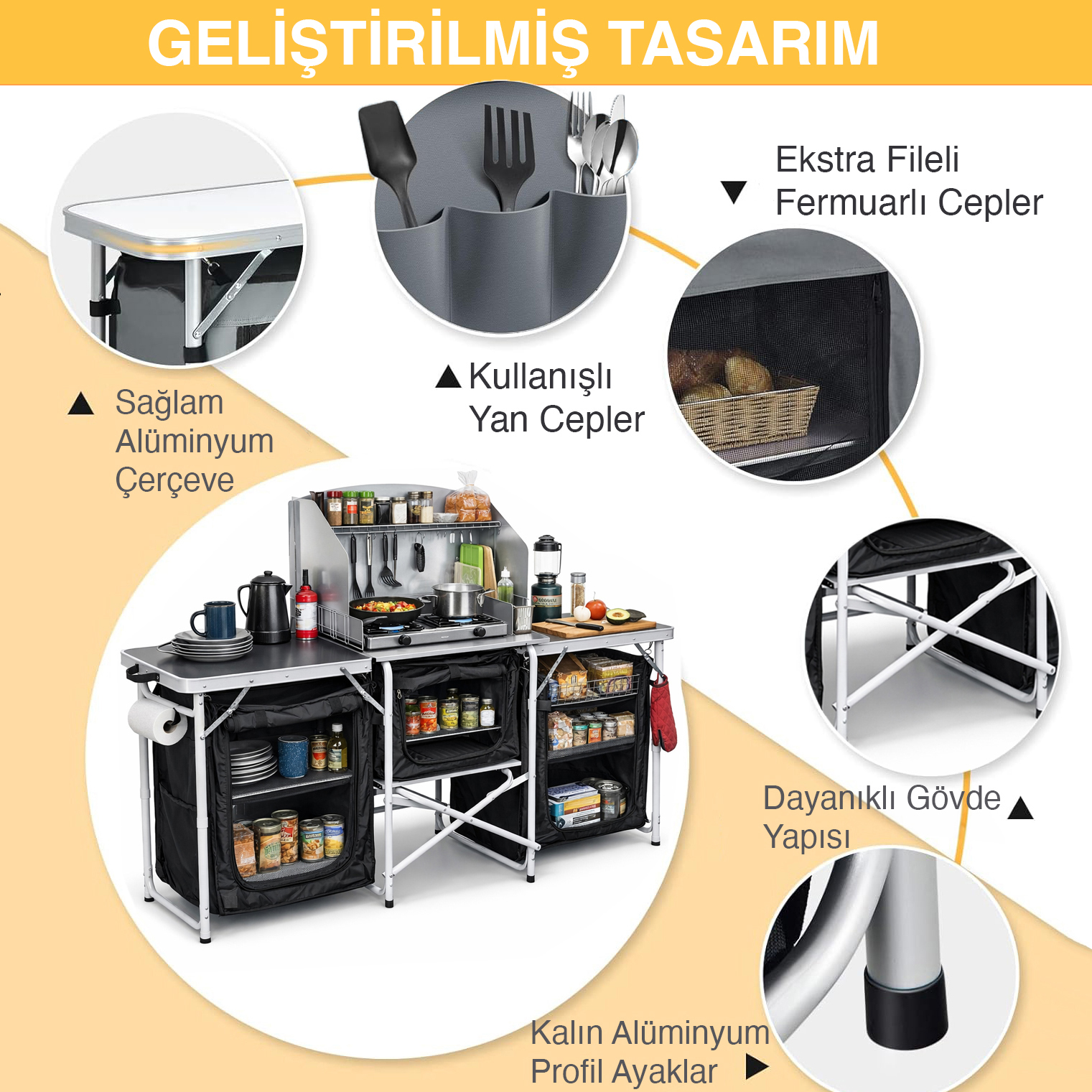 Haegs Kamp Mutfağı Katlanır Alüminyum Kamp Masası Mutfak Tezgahı Portatif Taşınabilir Açık Hava Yemek Pişirme İstasyonu Saklama Dolabı ve Yan Masalar 3 Dolaplı - Antrasit 4