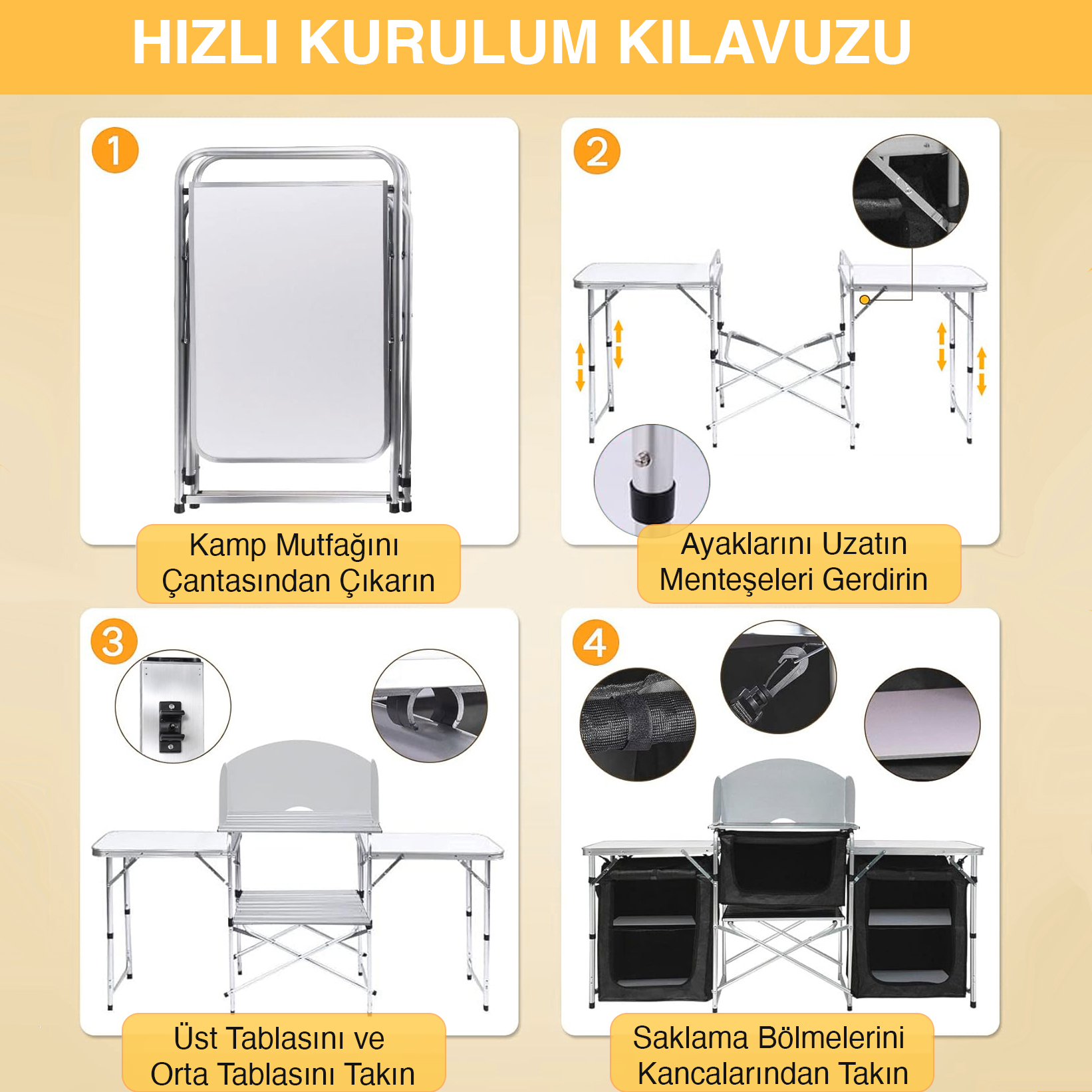 Haegs Kamp Mutfağı Katlanır Alüminyum Kamp Masası Mutfak Tezgahı Portatif Taşınabilir Açık Hava Yemek Pişirme İstasyonu Saklama Dolabı ve Yan Masalar 3 Dolaplı - Antrasit 6