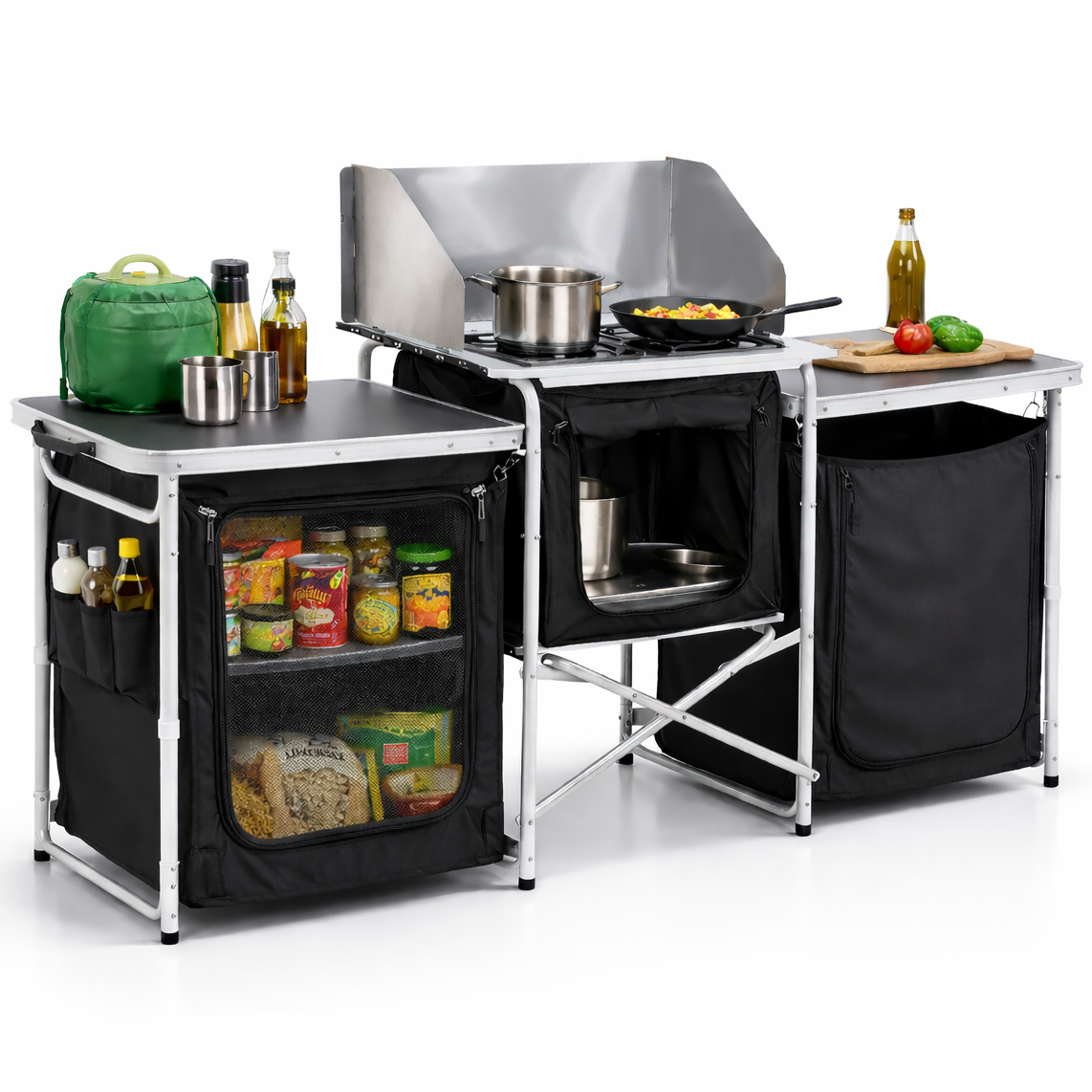 Haegs Kamp Mutfağı Katlanır Portatif Alüminyum Kamp Mutfak Masası Taşınabilir Açık Hava Yemek Pişirme İstasyonu Rüzgar Korumalı Saklama Dolabı ve Yan Masalar 3 Dolaplı - Antrasit