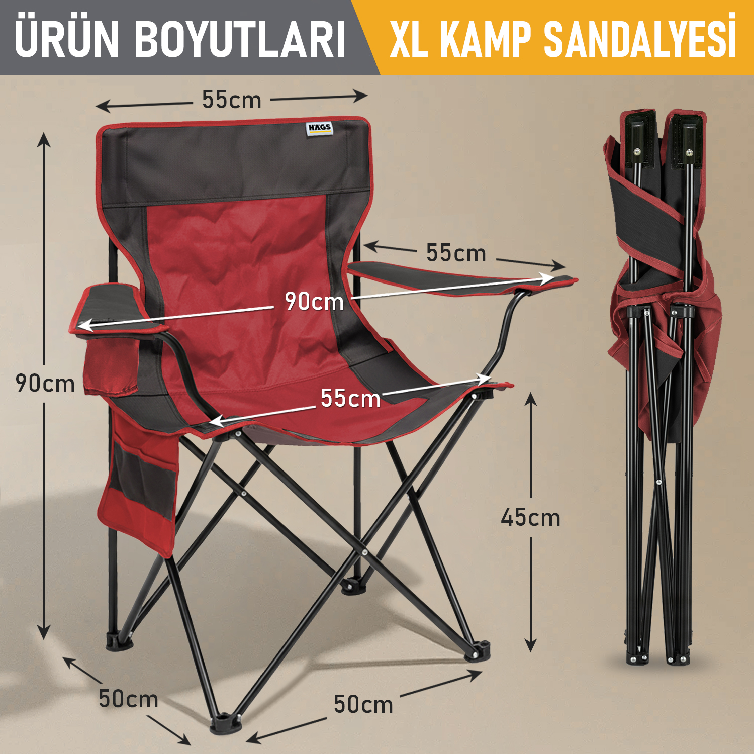 Haegs Kamp Sandalyesi Outdoor Plaj ve Piknik için Katlanır Kamp Sandalyesi Saklama Cepli Bardak Tutuculu Extra Destekli Su Geçirmez Kumaş - 120 Kg Taşıma Kapasiteli XL Boy- Kırmızı - Kahve 2