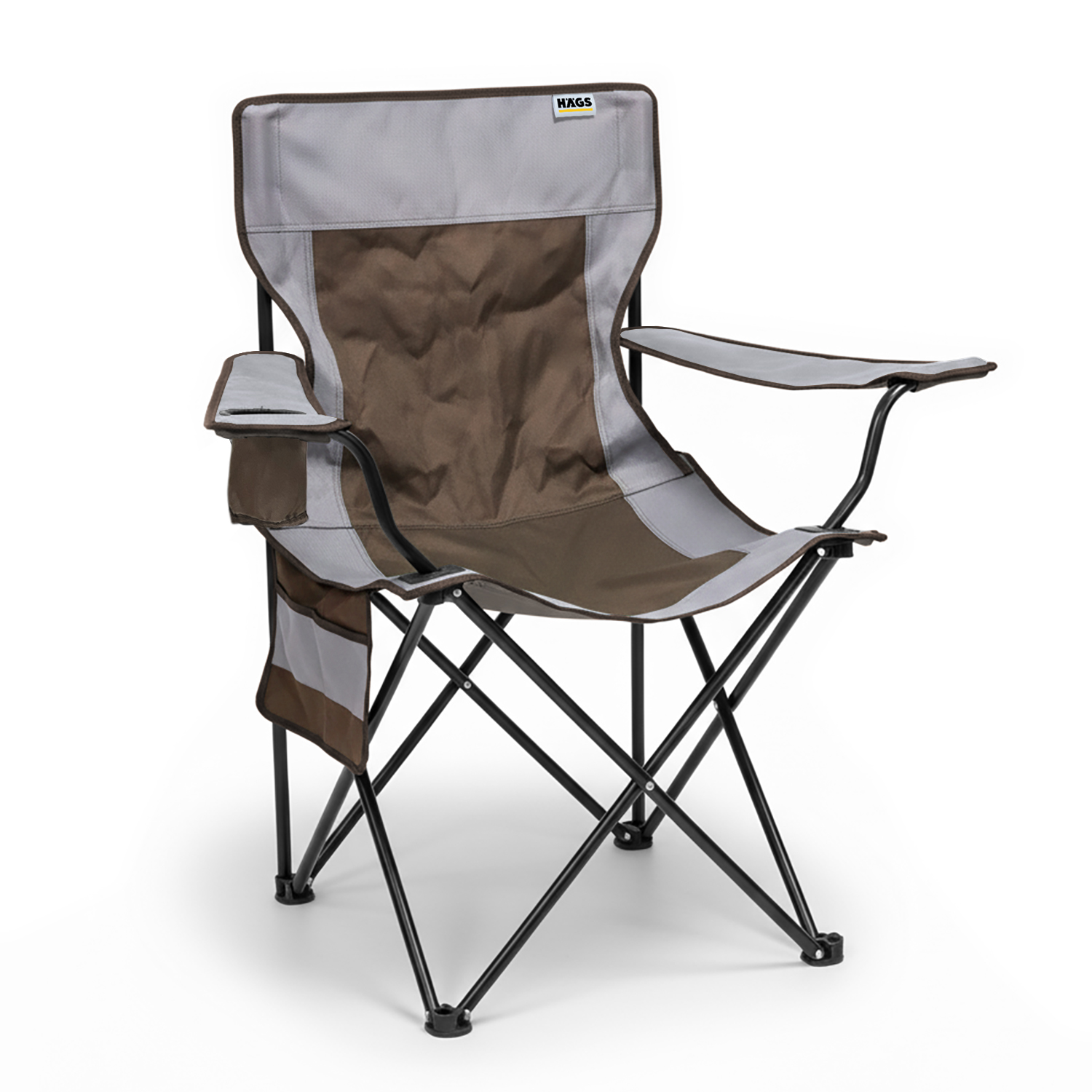 Haegs Kamp Sandalyesi Outdoor Plaj ve Piknik için Katlanır Kamp Sandalyesi Saklama Cepli Bardak Tutuculu Extra Destekli Su Geçirmez Kumaş - 120 Kg Taşıma Kapasiteli XL Boy- Kahve - Gri