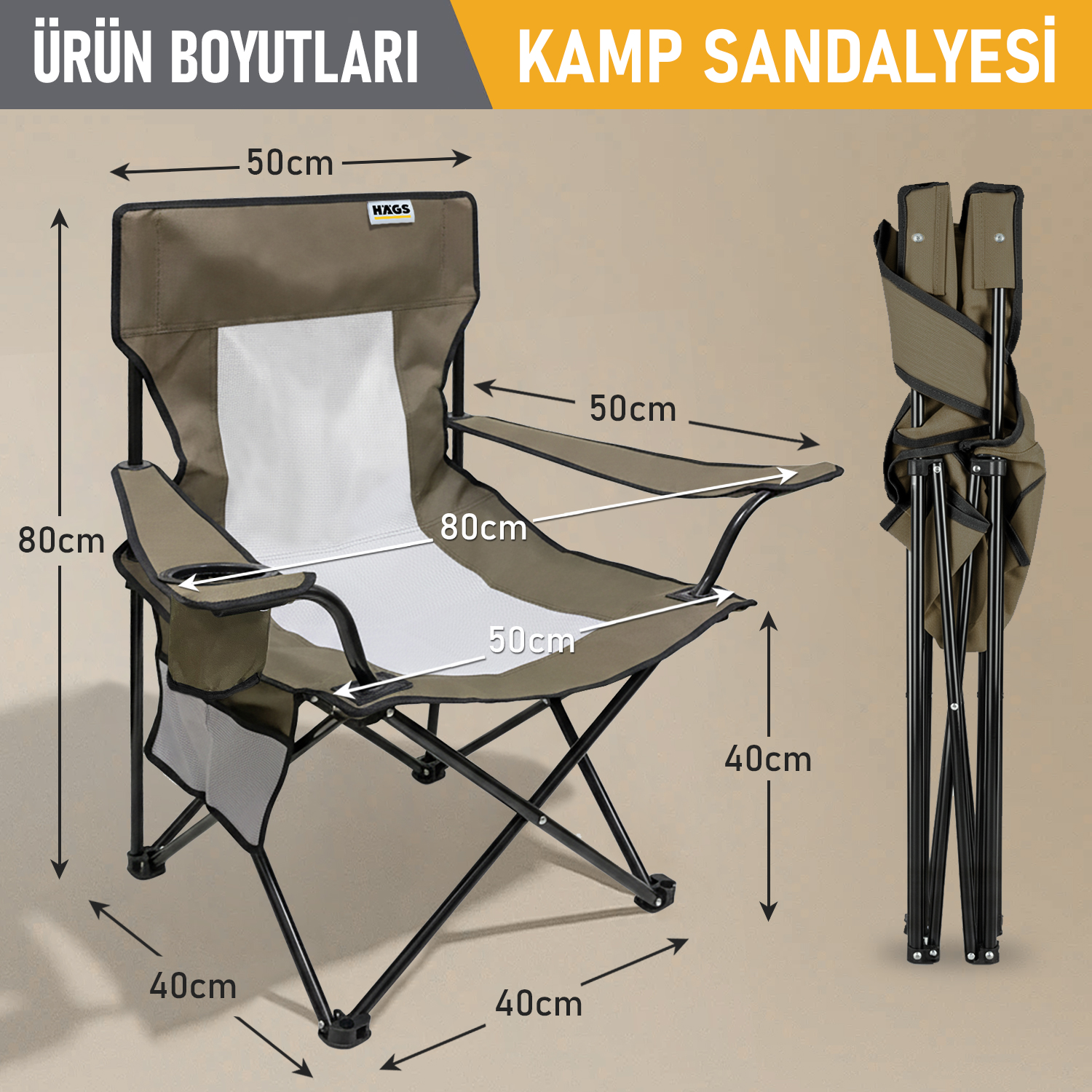 Haegs Kamp Sandalyesi Outdoor Plaj ve Piknik için Katlanır Kamp Sandalyesi Saklama Cepli Bardak Tutuculu Extra Destekli Su Geçirmez Kumaş - 120 Kg Taşıma Kapasiteli Standart Boy - Gri - Kahverengi 2