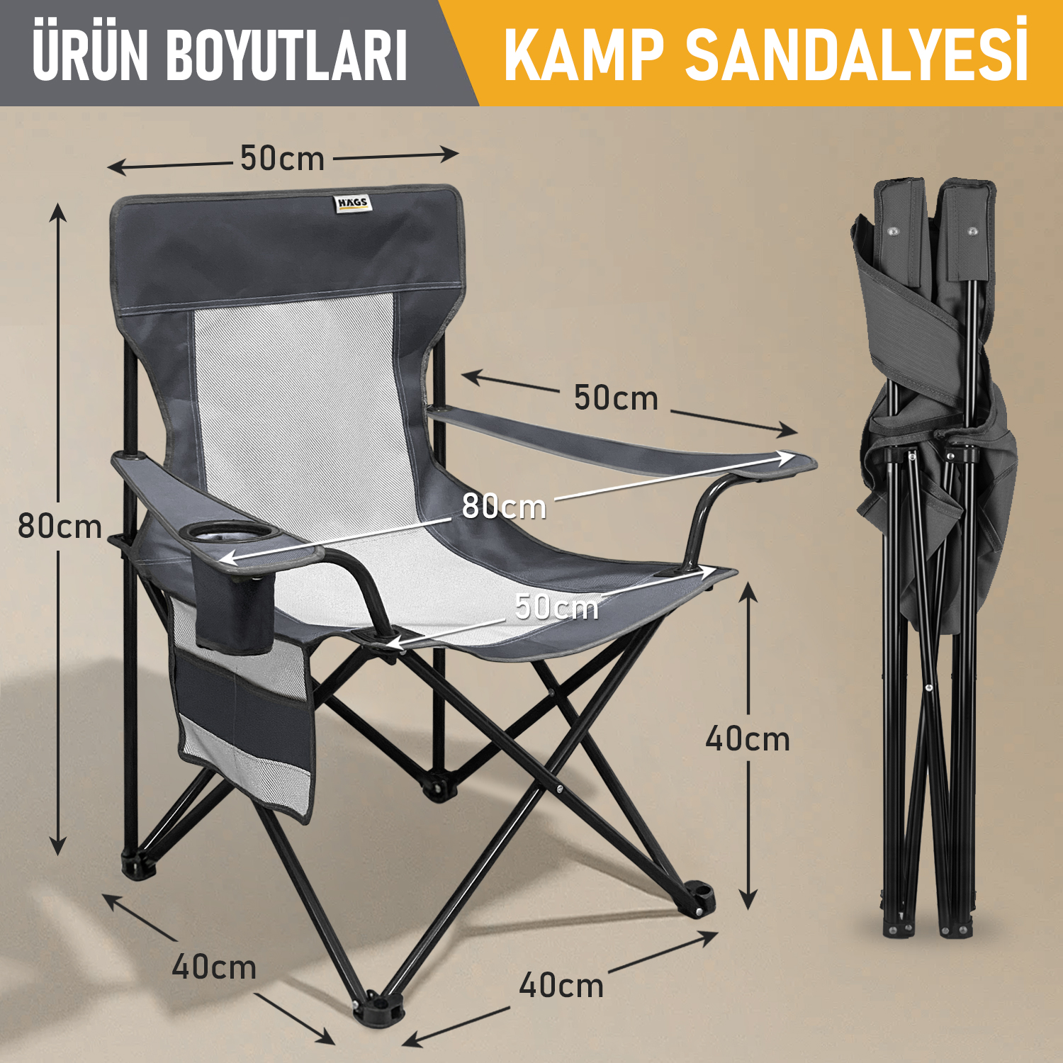 Haegs Kamp Sandalyesi Outdoor Plaj ve Piknik için Katlanır Kamp Sandalyesi Saklama Cepli Bardak Tutuculu Extra Destekli 120 Kg Taşıma Kapasiteli Standart Boy - Gri 2