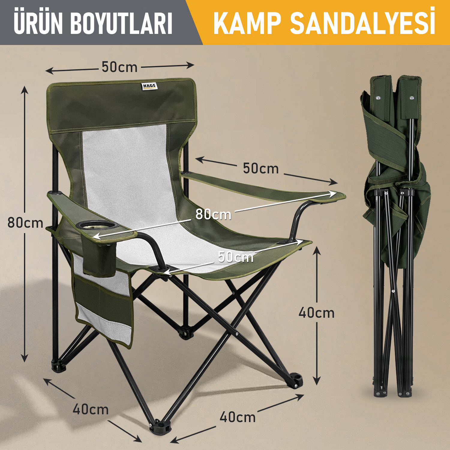 Haegs Kamp Sandalyesi Outdoor Plaj ve Piknik için Katlanır Kamp Sandalyesi Saklama Cepli Bardak Tutuculu Extra Destekli 120 Kg Taşıma Kapasiteli Standart Boy - Haki 2