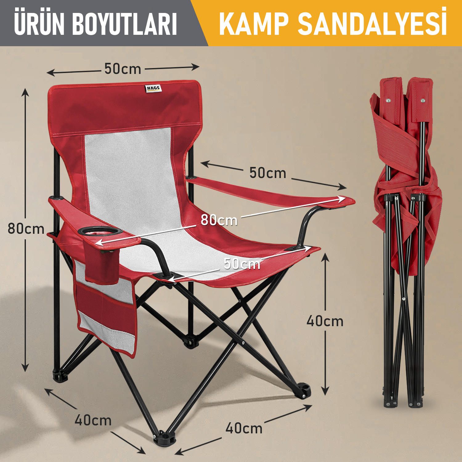Haegs Kamp Sandalyesi Outdoor Plaj ve Piknik için Katlanır Kamp Sandalyesi Saklama Cepli Bardak Tutuculu Extra Destekli 120 Kg Taşıma Kapasiteli Standart Boy - Kırmızı 2