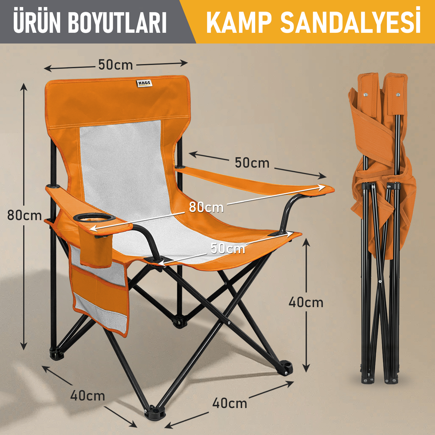 Haegs Kamp Sandalyesi Outdoor Plaj ve Piknik için Katlanır Kamp Sandalyesi Saklama Cepli Bardak Tutuculu Extra Destekli 120 Kg Taşıma Kapasiteli Standart Boy - Turuncu 2