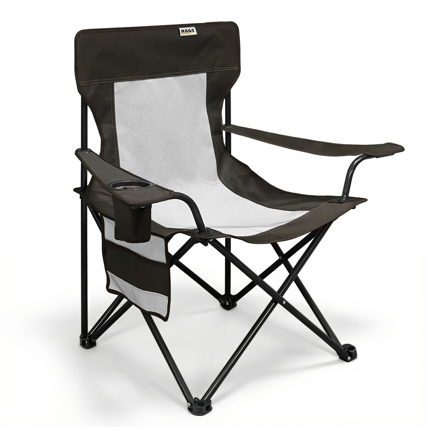 Haegs Kamp Sandalyesi Outdoor Plaj ve Piknik için Katlanır Kamp Sandalyesi Saklama Cepli Bardak Tutuculu Extra Destekli 120 Kg Taşıma Kapasiteli Standart Boy - Kahverengi