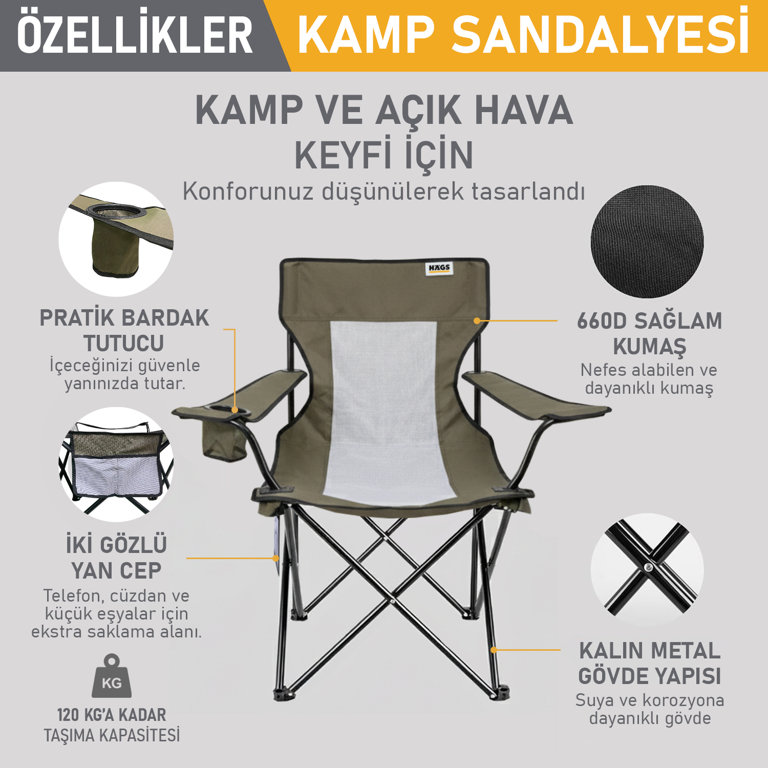 Haegs Kamp Sandalyesi Outdoor Plaj ve Piknik için Katlanır Kamp Sandalyesi Saklama Cepli Bardak Tutuculu Extra Destekli Su Geçirmez Kumaş - 120 Kg Taşıma Kapasiteli Standart Boy - Gri - Kahverengi 3