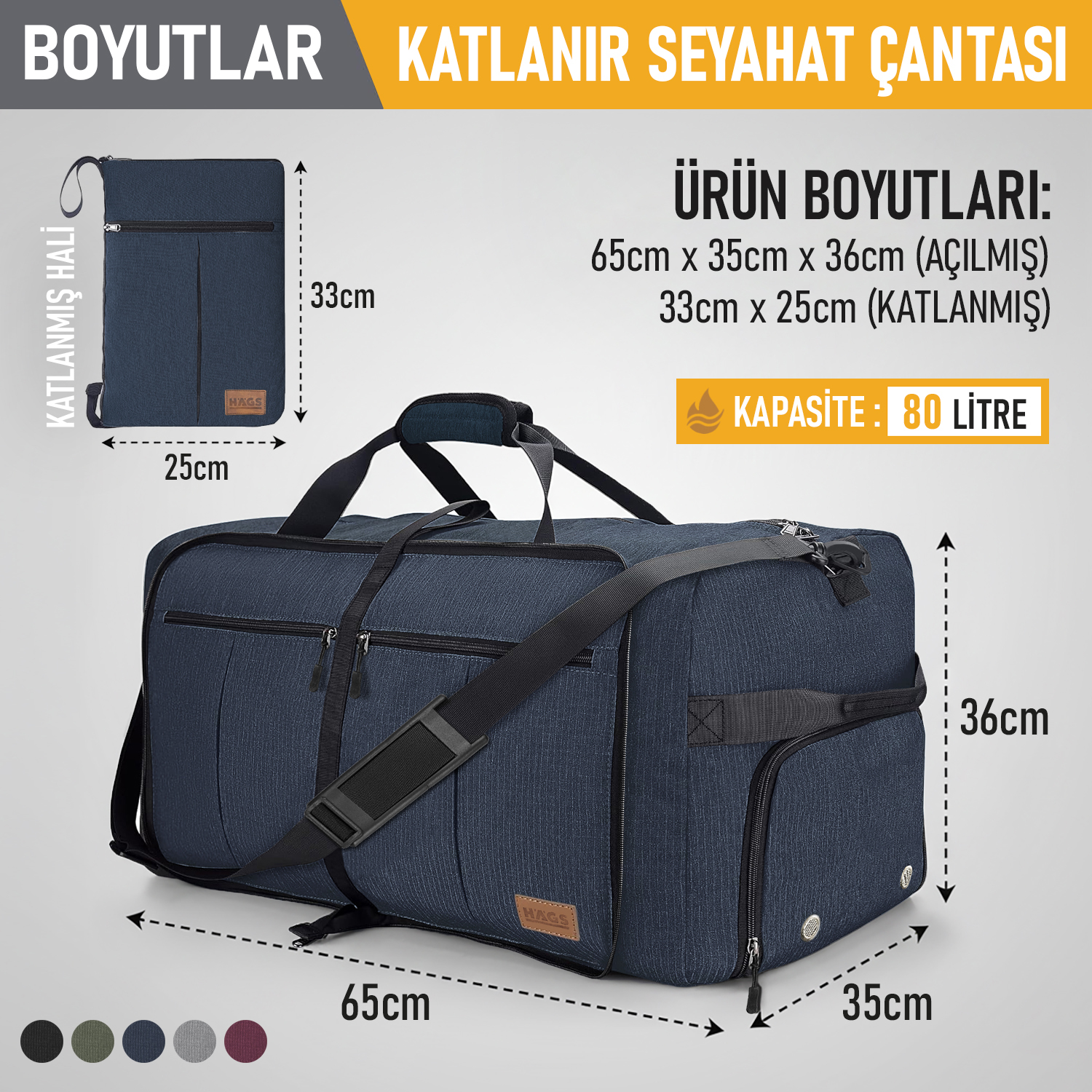 Haegs Katlanabilir Seyahat Çantası Büyük Boy El Bagajı Çantası Erkekler ve Kadınlar için Ayakkabı Bölmeli Hafta Sonu Geceleme Katlanır Bavul Valiz Çanta 80L - Lacivert 2