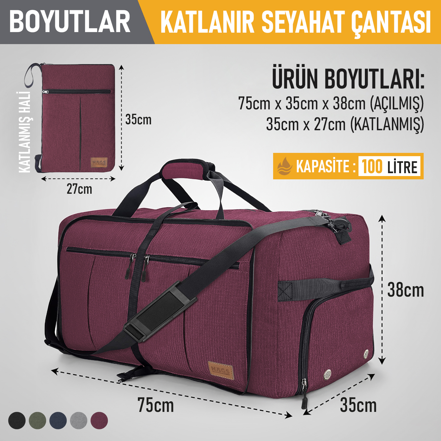 Haegs Katlanabilir Seyahat Çantası Büyük Boy El Bagajı Çantası Erkekler ve Kadınlar için Ayakkabı Bölmeli Hafta Sonu Geceleme Katlanır Bavul Valiz Çanta 100L - Bordo 2