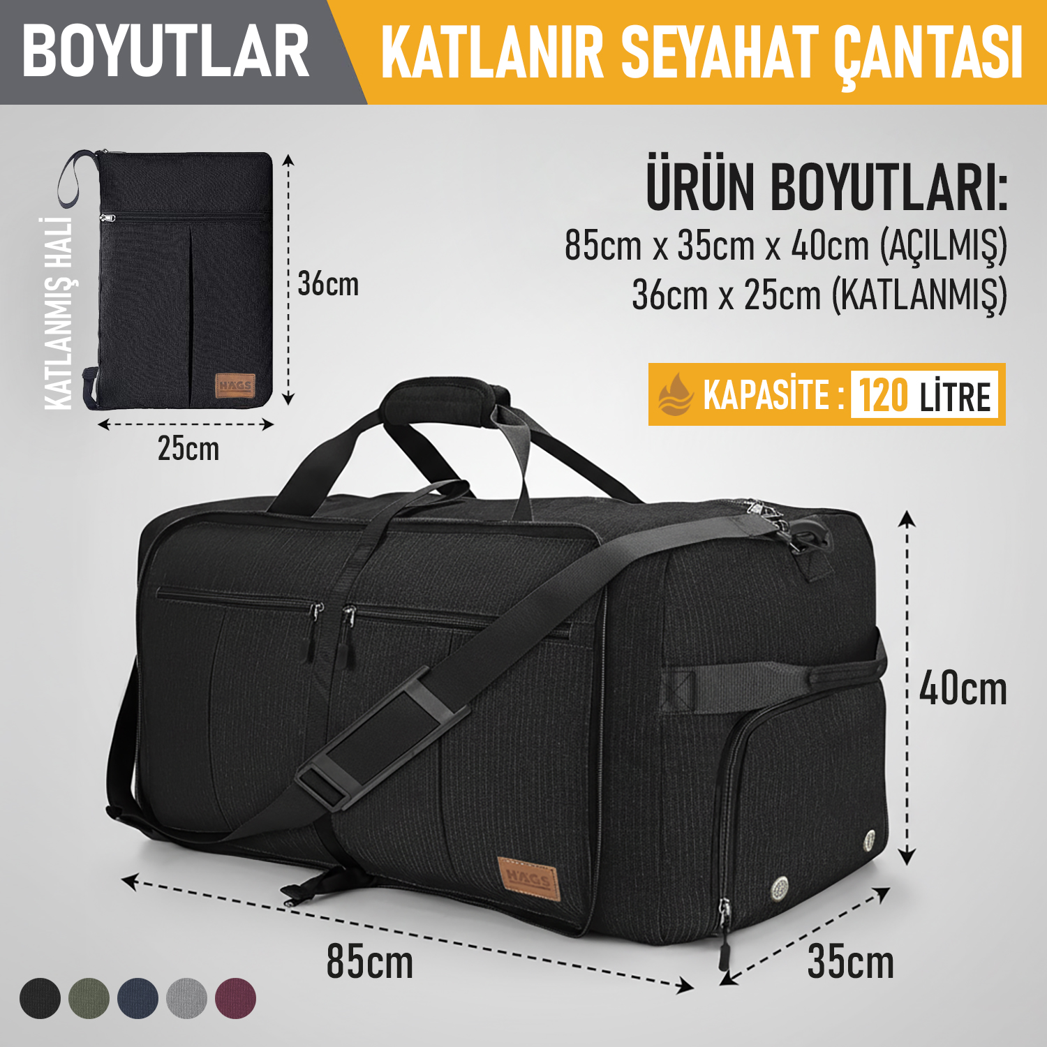 Haegs Katlanabilir Seyahat Çantası Büyük Boy El Bagajı Çantası Erkekler ve Kadınlar için Ayakkabı Bölmeli Hafta Sonu Geceleme Katlanır Bavul Valiz Çanta 120L - Siyah 2