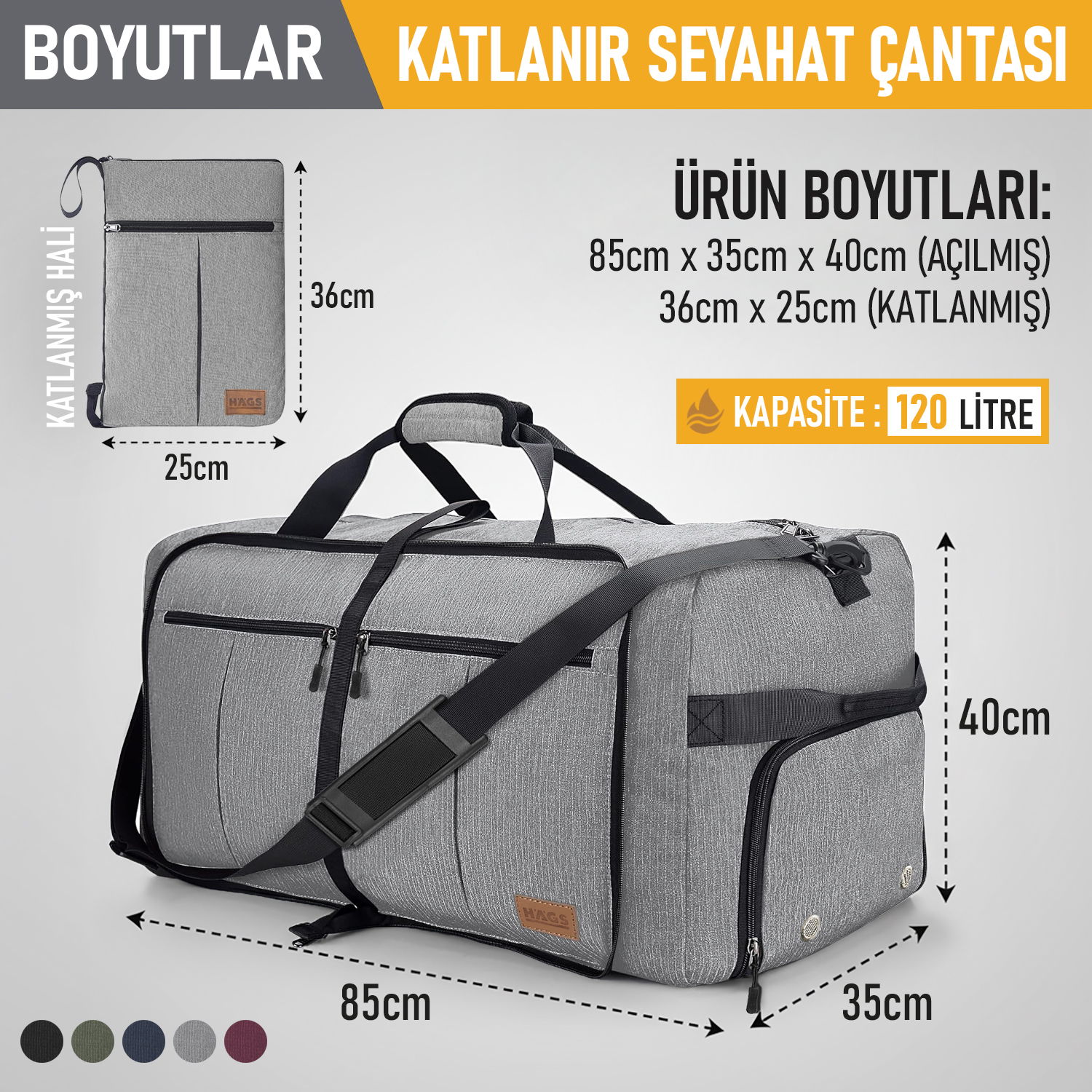 Haegs Katlanabilir Seyahat Çantası Büyük Boy El Bagajı Çantası Erkekler ve Kadınlar için Ayakkabı Bölmeli Hafta Sonu Geceleme Katlanır Bavul Valiz Çanta 120L - Gri 2