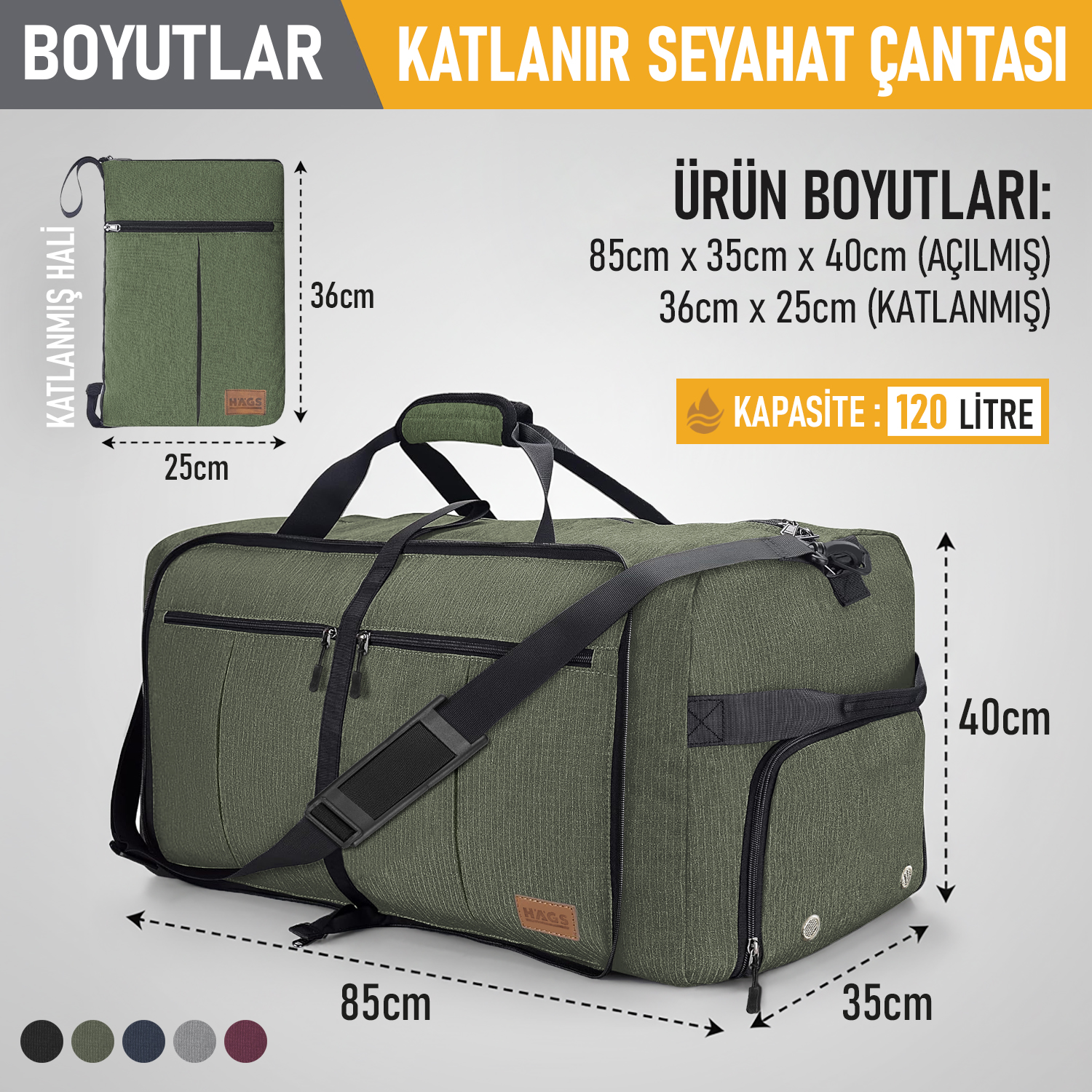 Haegs Katlanabilir Seyahat Çantası Büyük Boy El Bagajı Çantası Erkekler ve Kadınlar için Ayakkabı Bölmeli Hafta Sonu Geceleme Katlanır Bavul Valiz Çanta 120L -Haki 2