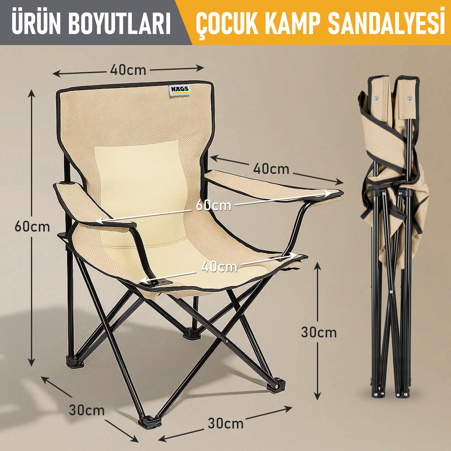 Haegs Katlanır Kamp Sandalyesi Çocuk Kamp Sandalyesi Hafif Taşınabilir Plaj Kamp Piknik için Katlanır Sandalye Küçük Boy - Bej - Bej 3