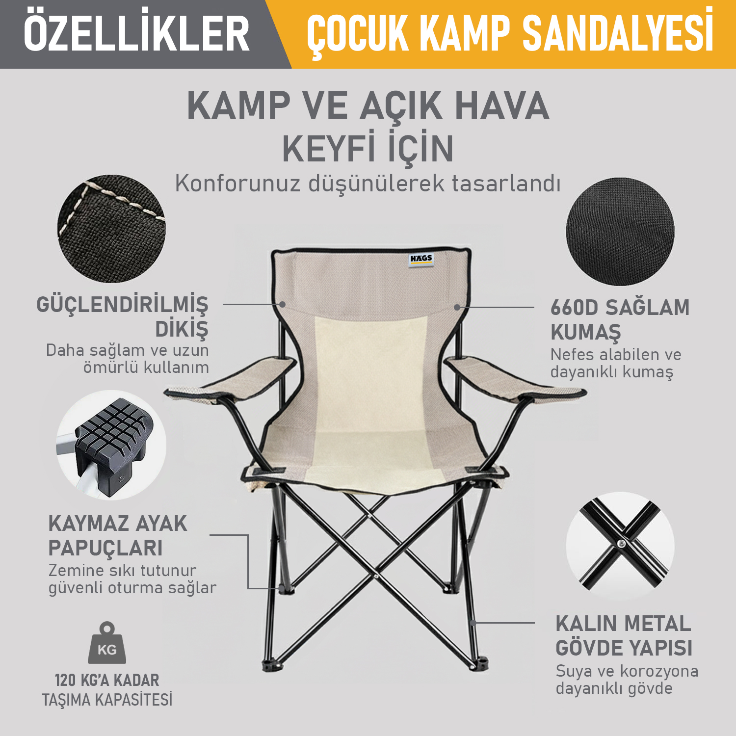 Haegs Katlanır Kamp Sandalyesi Çocuk Kamp Sandalyesi Hafif Taşınabilir Plaj Kamp Piknik için Katlanır Sandalye Küçük Boy - Bej - Bej 5