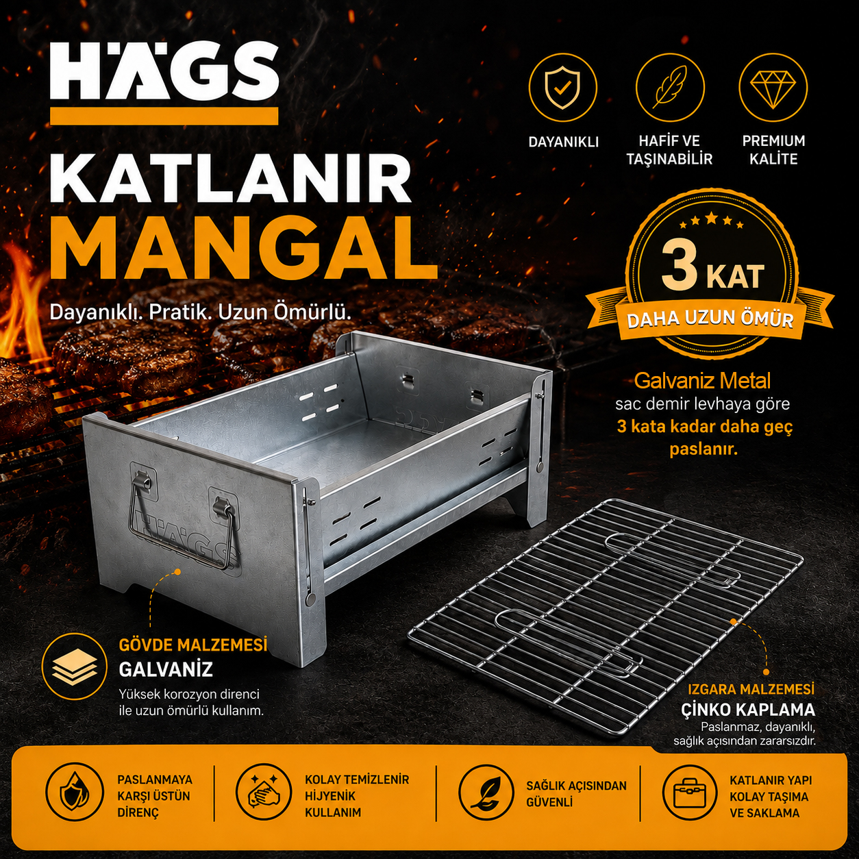 Haegs Katlanır Mangal Galvaniz Metal Kömür Mangalı Izgaralı Portatif taşınabilir Pratik Mangal 4