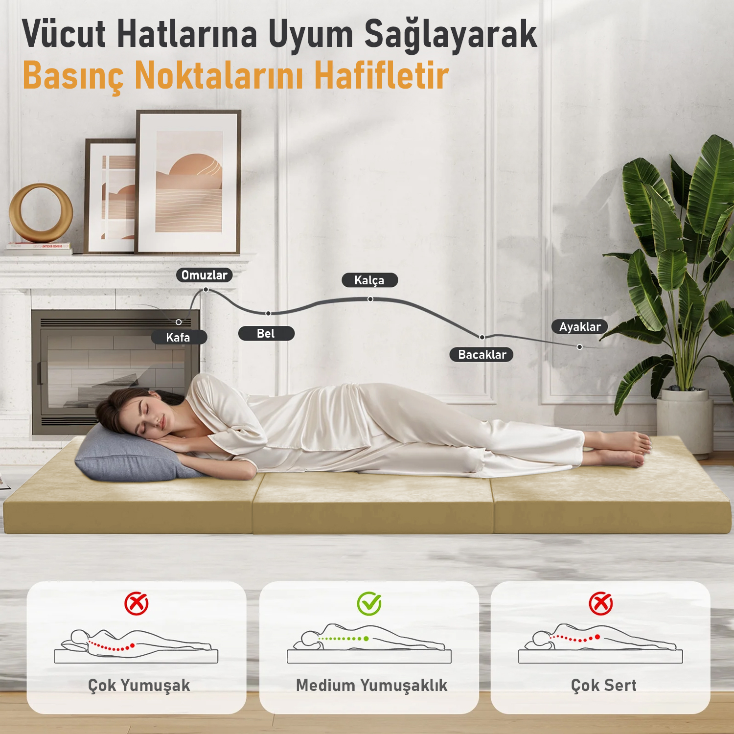 Haegs Katlanır Yatak Kamp Yatağı Kamp Matı Taşınabilir Yer Yatağı Yıkanabilir Kılıf Misafir için Seyahat Kamp Araç Karavan Çadır ve Yoga için İdeal 22 Dens - 190x65x10 cm - Bej 5