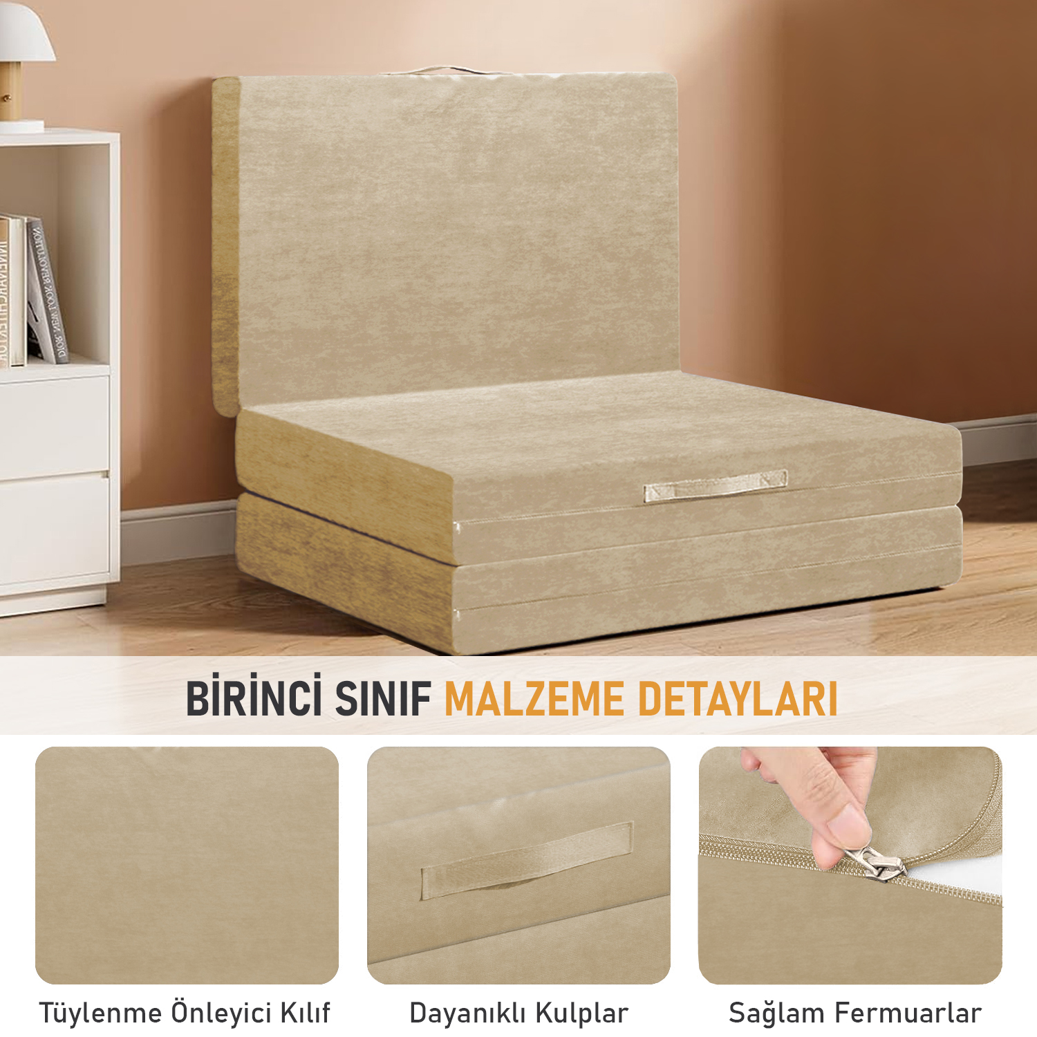 Haegs Katlanır Yatak Kamp Yatağı Kamp Matı Taşınabilir Yer Yatağı Yıkanabilir Kılıf Misafir için Seyahat Kamp Araç Karavan Çadır ve Yoga için İdeal 22 Dens - 190x65x10 cm - Bej 7