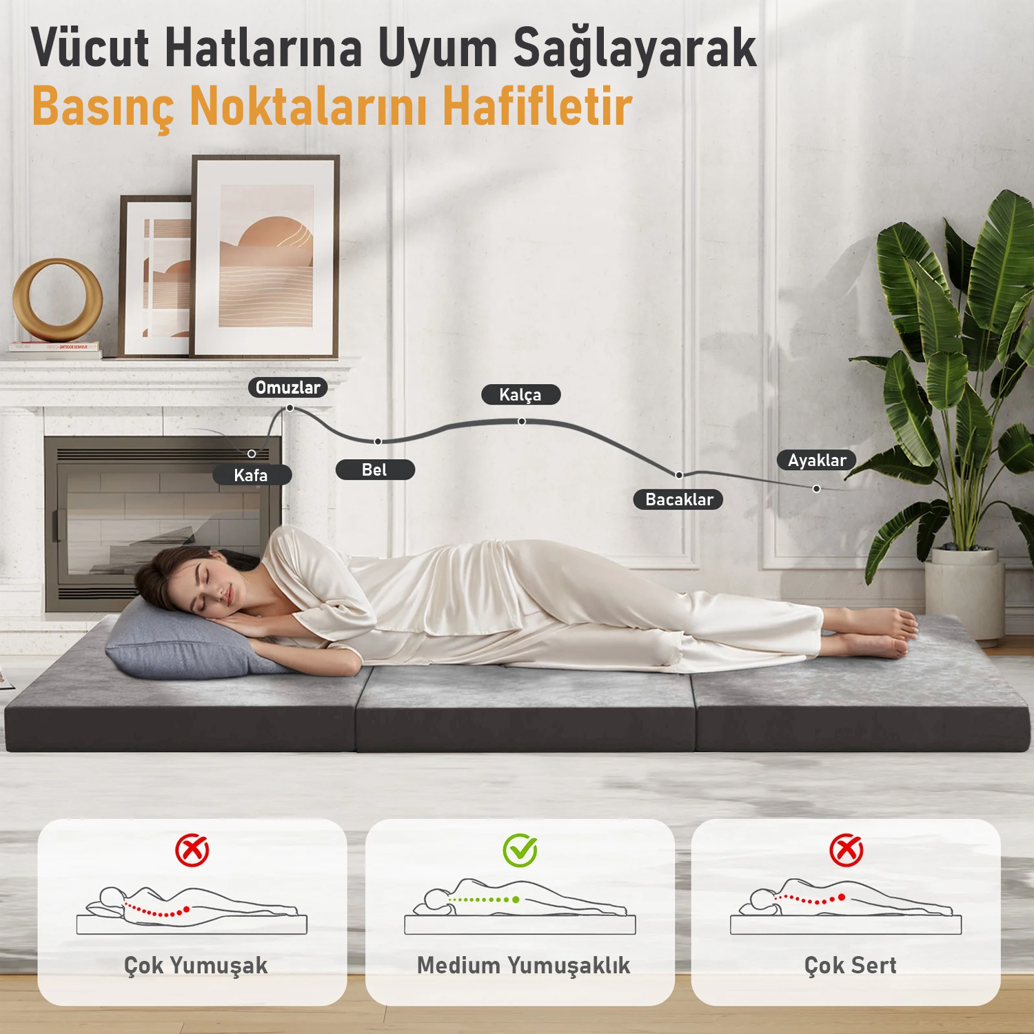 Haegs Katlanır Yatak Kamp Yatağı Kamp Matı Taşınabilir Yer Yatağı Yıkanabilir Kılıf Misafir için Seyahat Kamp Araç Karavan Çadır ve Yoga için İdeal 22 Dens - 155x65x10 cm - Gri 7