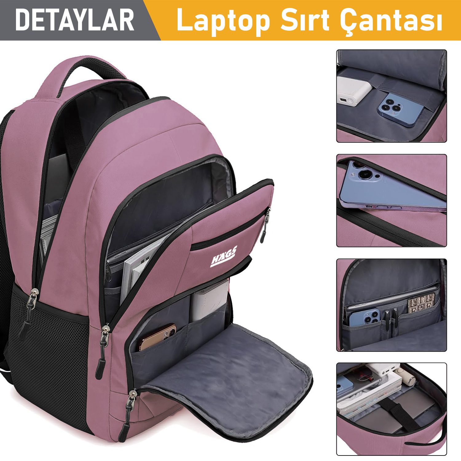 Haegs Laptop Sırt Çantası Multi Cepli İş Seyahat Çantası Dizüstü Bilgisayar Sırt Çantası Suya Dayanıklı Kolej Bilgisayar Çantası Kadınlar ve Erkekler İçin Çok Bölmeli Organizer Çanta - Pembe 2