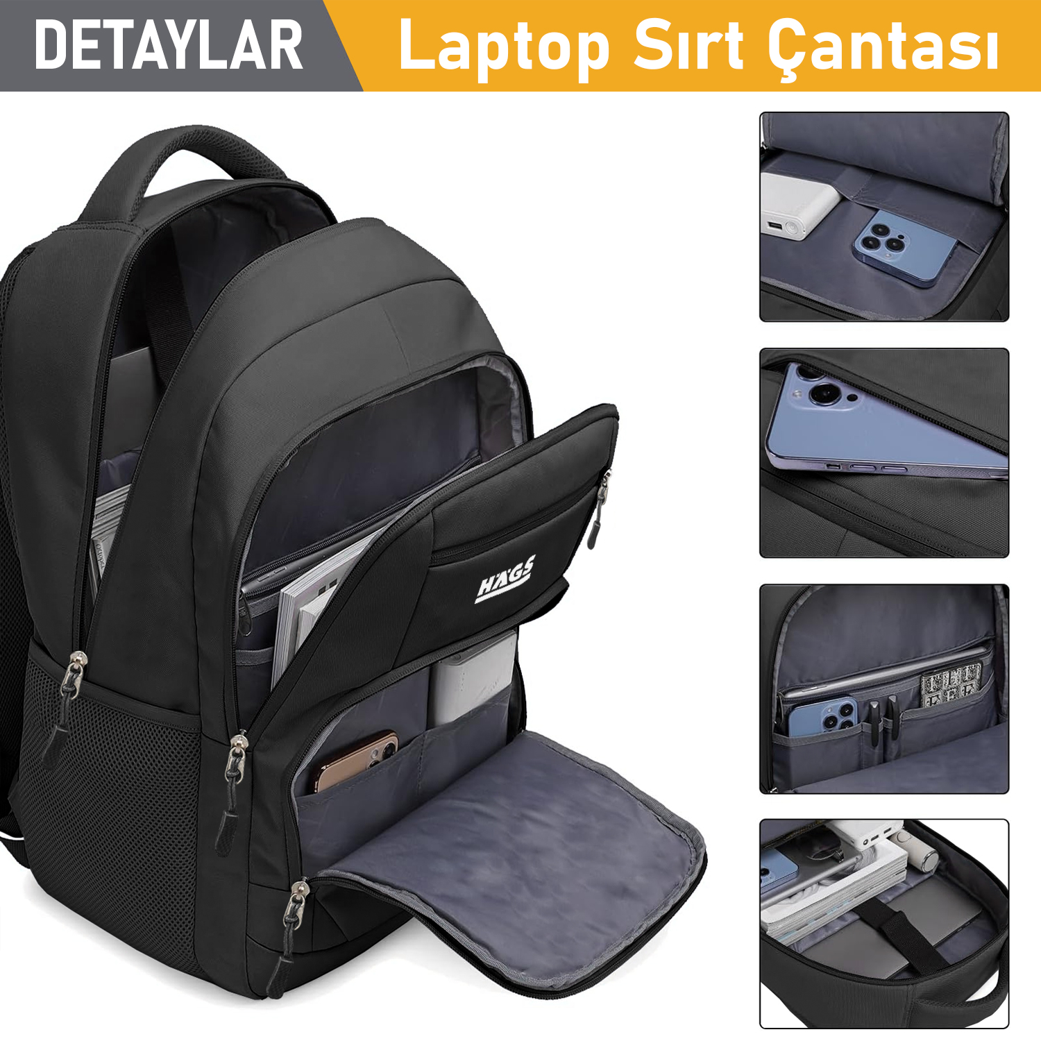 Haegs Laptop Sırt Çantası Multi Cepli İş Seyahat Çantası Dizüstü Bilgisayar Sırt Çantası Suya Dayanıklı Kolej Bilgisayar Çantası Kadınlar ve Erkekler İçin Çok Bölmeli Organizer Çanta - Siyah 2
