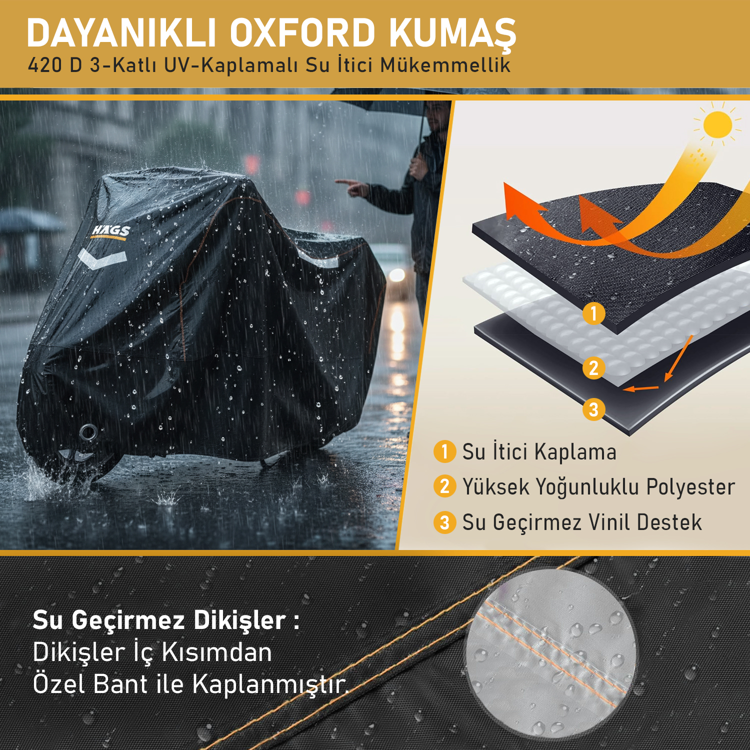 Haegs Motosiklet Brandası Motor Kılıfı Örtüsü Dış Mekan Motosiklet Örtüsü Su Geçirmez Rüzgar Toz Geçirmez Motor Scooter Garaj Brandası Kışa Dayanıklı L 220x95x125 cm - Gri 6