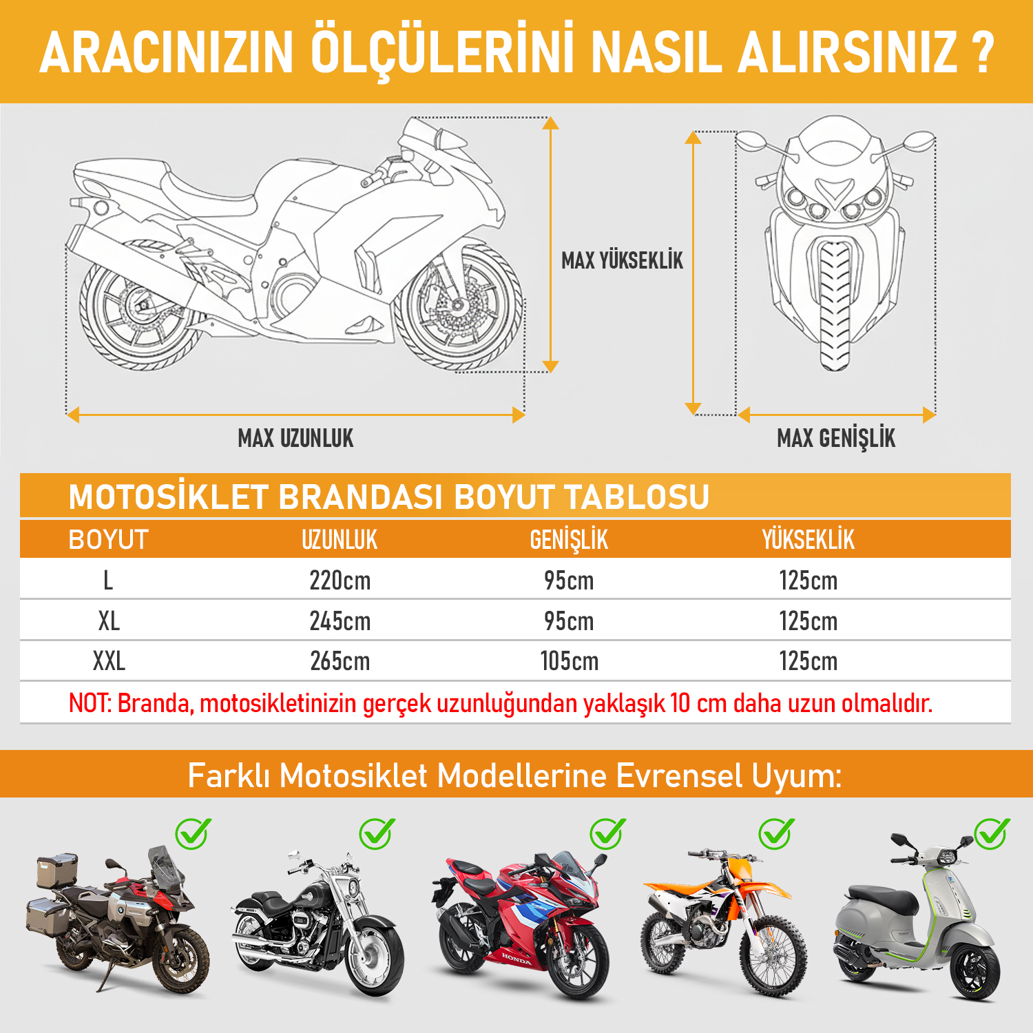 Haegs Motosiklet Brandası Motor Kılıfı Örtüsü Dış Mekan Motosiklet Örtüsü Su Geçirmez Rüzgar Toz Geçirmez Motor Scooter Garaj Brandası Kışa Dayanıklı L 220x95x125 cm - Gri 4