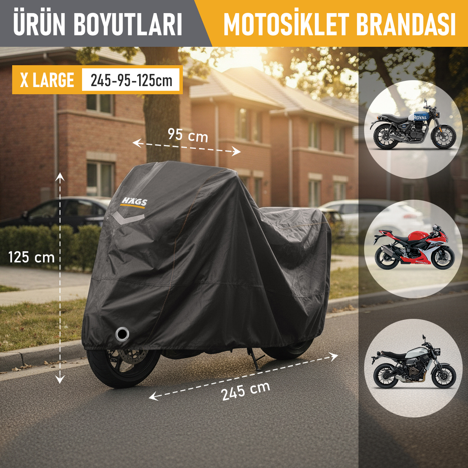 Haegs Motosiklet Brandası Motor Kılıfı Örtüsü Dış Mekan Motosiklet Örtüsü Su Geçirmez Rüzgar Toz Geçirmez Motor Garaj Brandası Kışa Dayanıklı XL 245x95x125 cm - Siyah 2